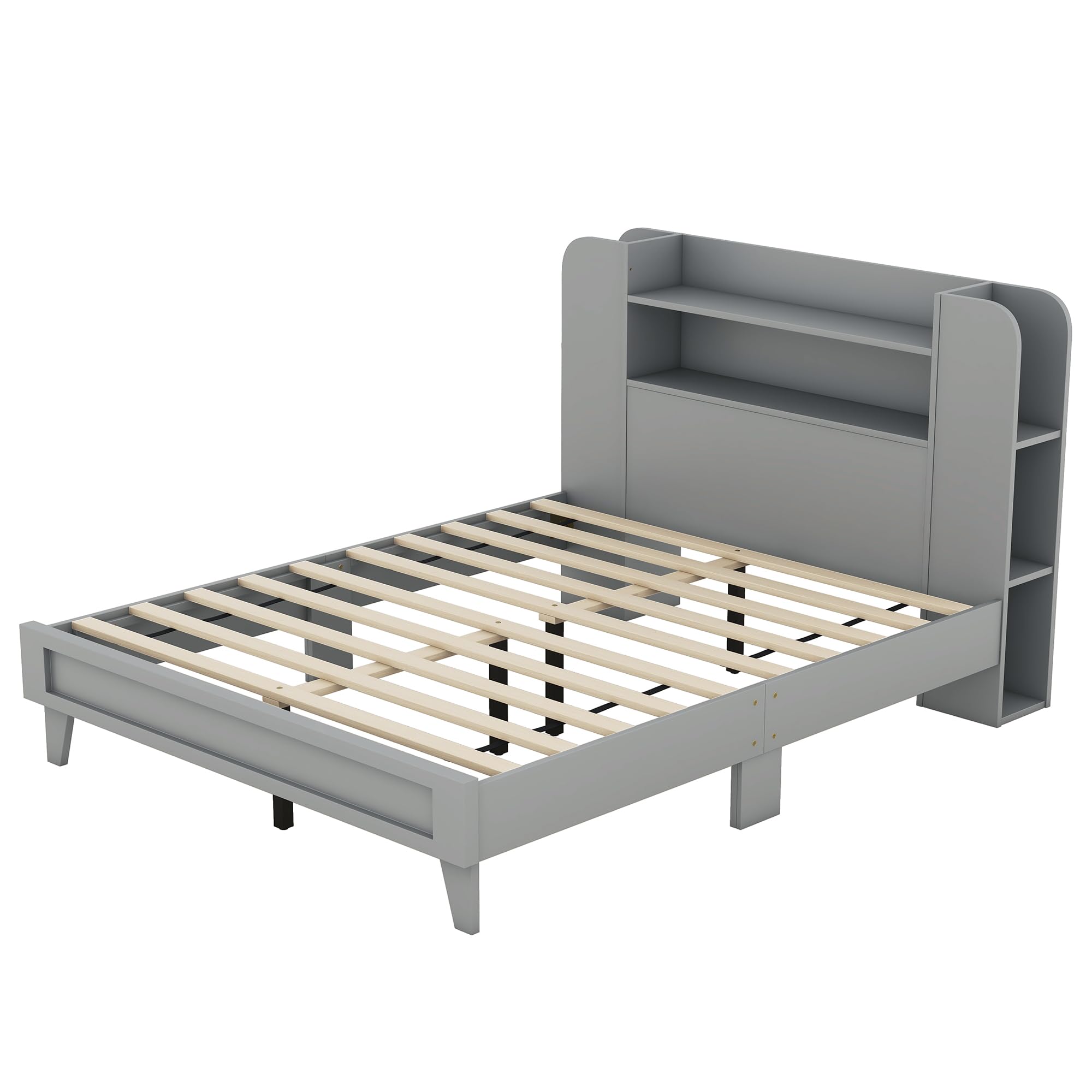 Full Size Wooden Platform Bed Frame with Storage Headboard & Shelves - Grey Kids Bed for Boys & Girls - Perfect for Small Bedrooms, Dorm Rooms & Space-Saving Storage Solutions