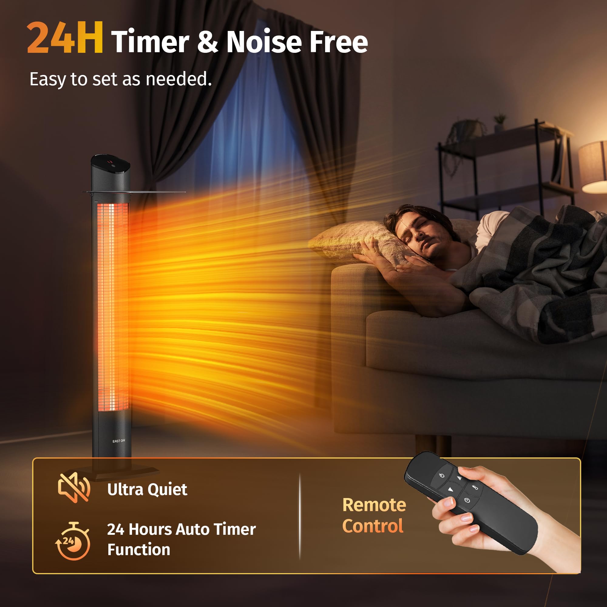 EAST OAK 1500W Electric Patio Heater - Indoor/Outdoor Portable Space Heater with IP55 Waterproof, Tip-Over & Overheat Protection, 2 Heat Settings & 24H Timer - Perfect for Backyard, Deck, Garage, and Office Use (2024 Upgraded Model)