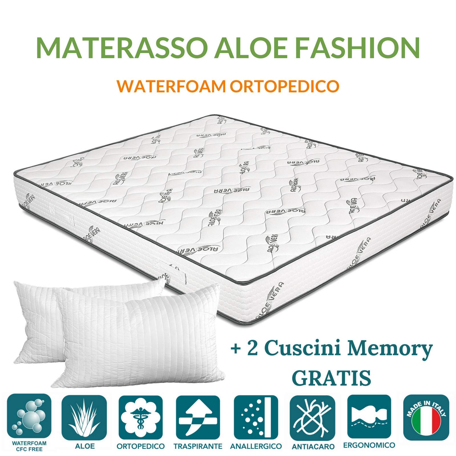 EVERGREENWEB - 20cm High Aloe Vera Foam Mattress 160x195cm, Free Pillows Included | Breathable Eco-Friendly Fabric, Hypoallergenic, Fits All Bed Frames - Perfect for Guest Rooms, Dormitories & Home Comfort