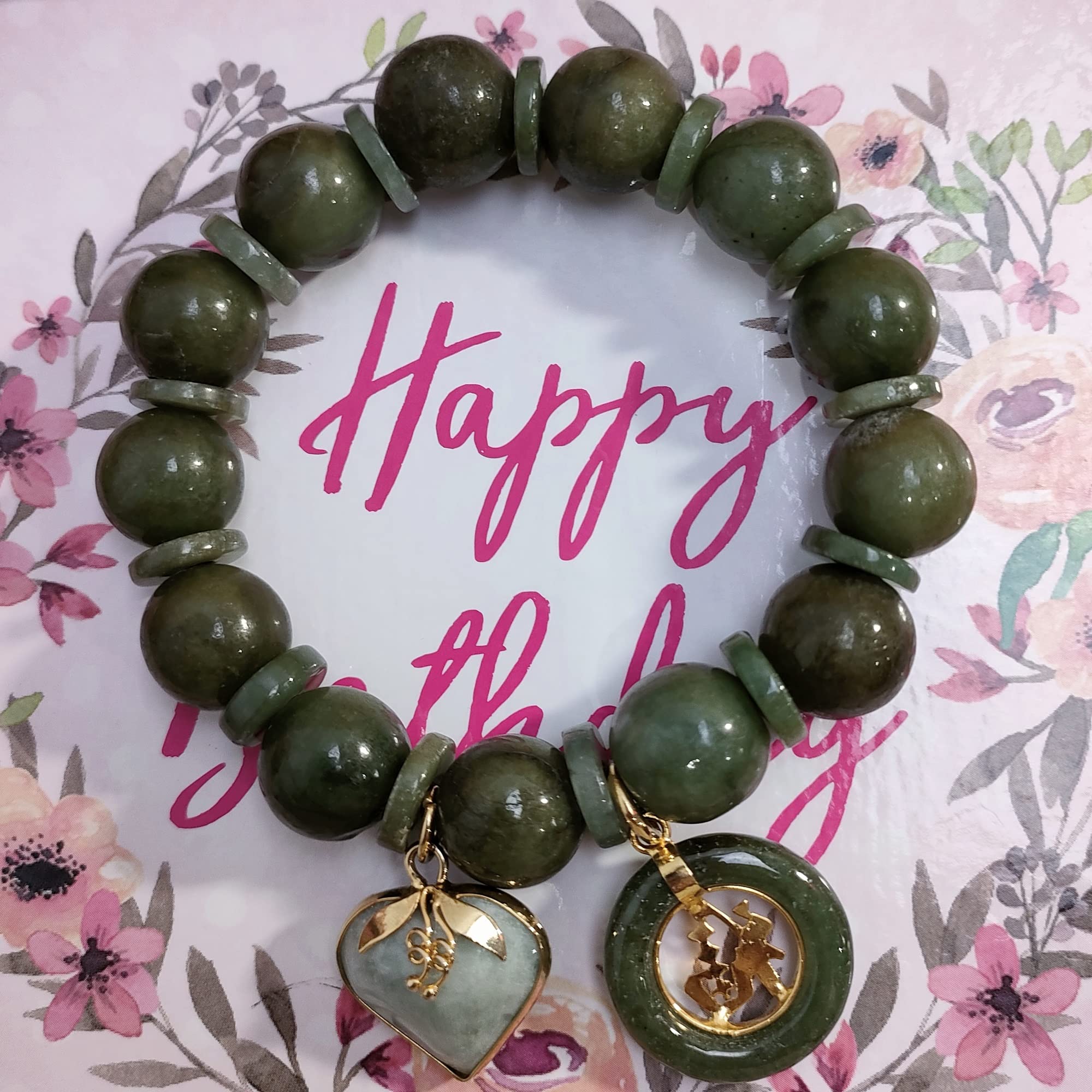 14mm Round Jade Bracelet for Women - Genuine Healing Gemstone with Heart & Coin Pendant - Lucky Money & Success Charm - Adjustable 6.75 Inch for Plus Size - Perfect for Meditation, Gifts & Positive Energy