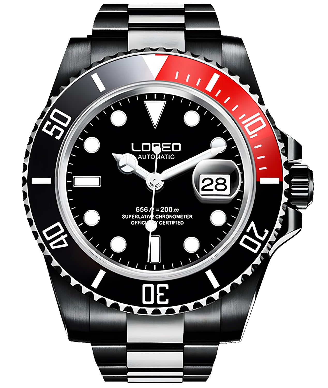 LOREO Men's Automatic Watch - Full Black Stainless Steel, Sapphire Glass, Rotating Bezel, Military Waterproof (200M) - Perfect for Diving, Outdoor Adventures & Everyday Wear