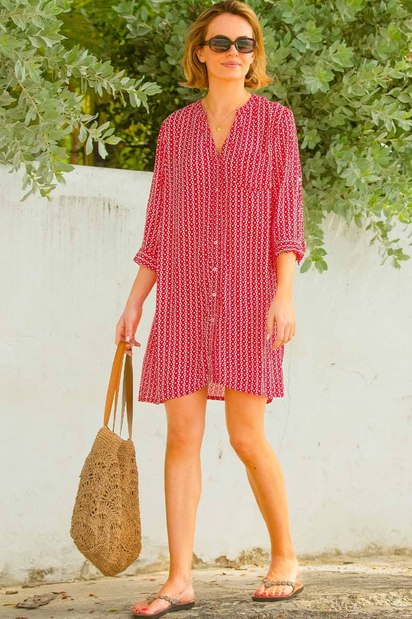 Mila Shirt Tunic for Women - Santorini Red & White Floral Print Summer Blouse | Perfect for Beach Vacations, Date Nights & Office Wear