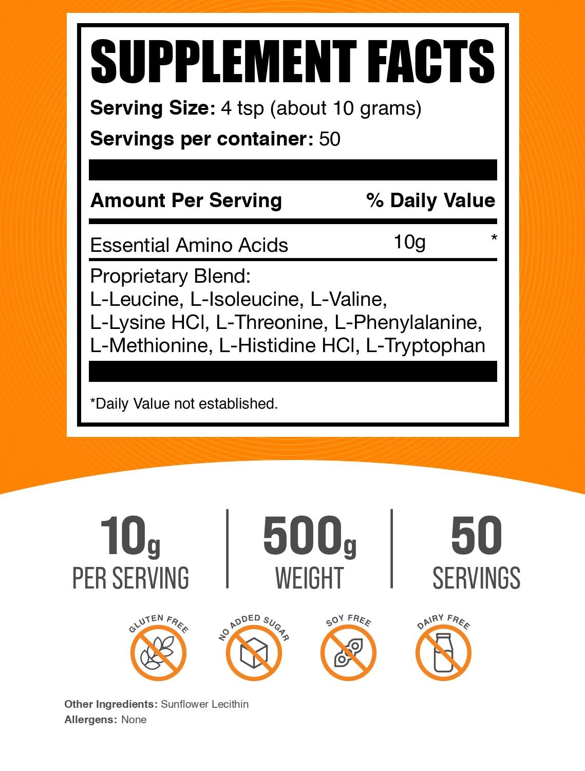 BulkSupplements Pure Essential Amino Acids (EAA) Powder - Unflavored Gluten-Free Amino Acid Supplement - 10g per Serving, 500g (1.1 lbs) - Supports Muscle Recovery & Workout Performance - Ideal for Athletes, Bodybuilders & Fitness Enthusiasts