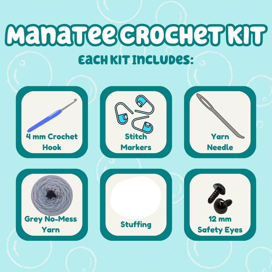 Beginner Crochet Kit for Manatee Amigurumi - Complete Set with Yarn, Crochet Hooks, Stitch Markers & Stuffing - DIY Manatee Plushie Making Kit - Perfect for Craft Lovers & Stress Relief