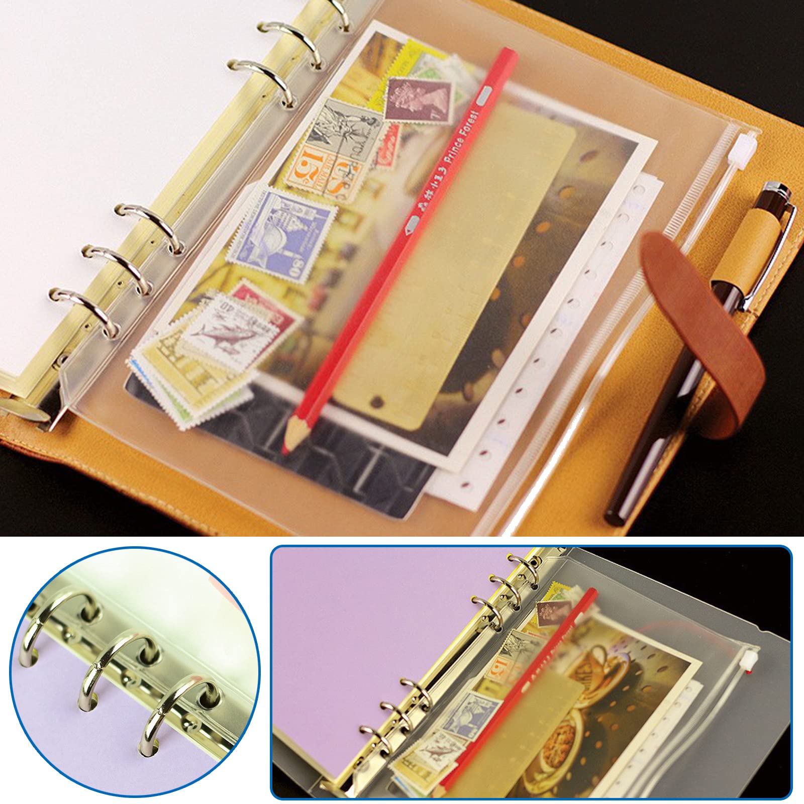 12PCS A5 Size Zipper Binder Pockets - Clear 6-Hole Waterproof PVC Loose Leaf Folders with Lid for Home, Office & School Supplies - Perfect for Organizing Documents, Notes and Stationery