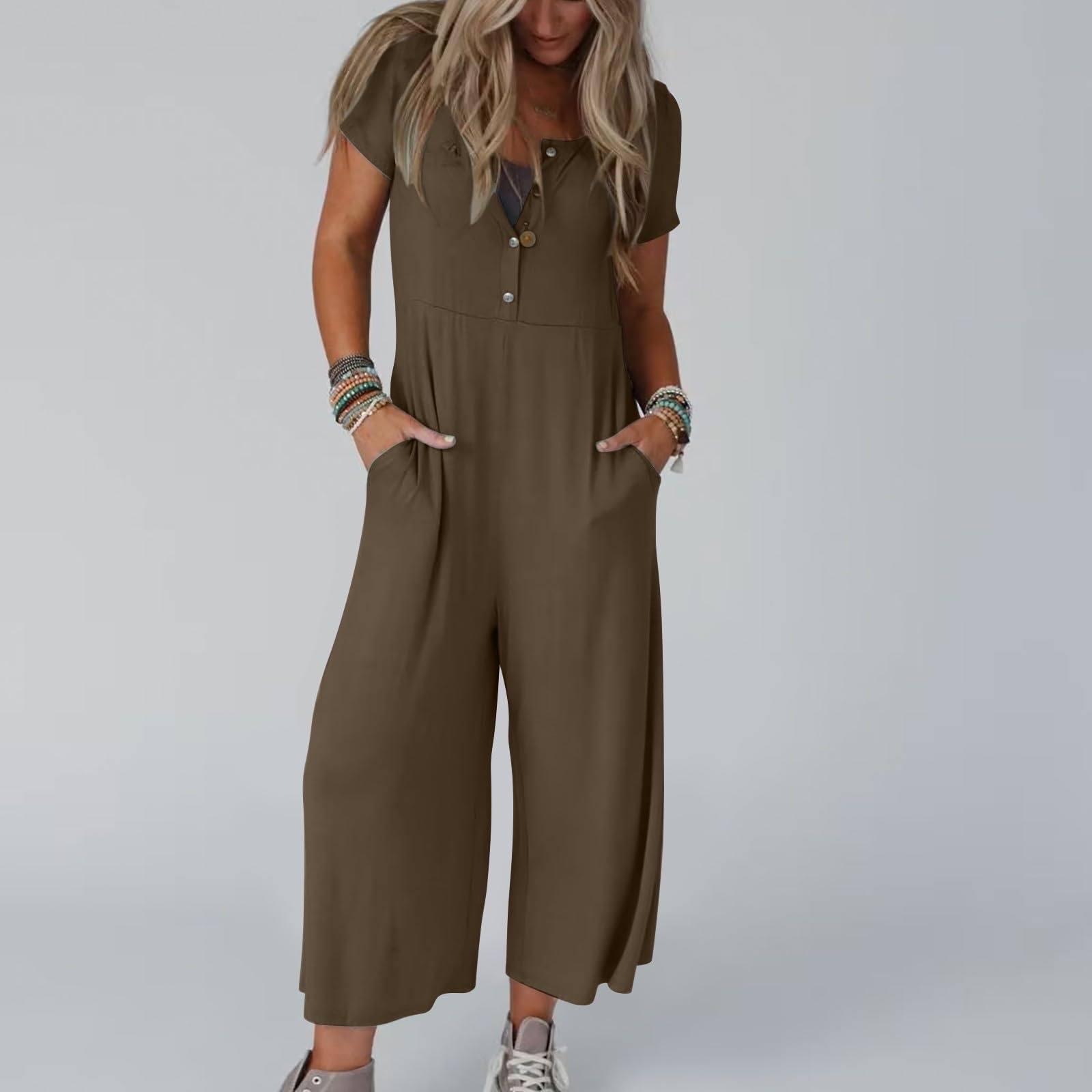 Women's Wide Leg One Piece Jumpsuit - Button Up Romper Overalls with Pockets | Loose Fit Casual Summer Outfit for Beach, Travel & Everyday Wear