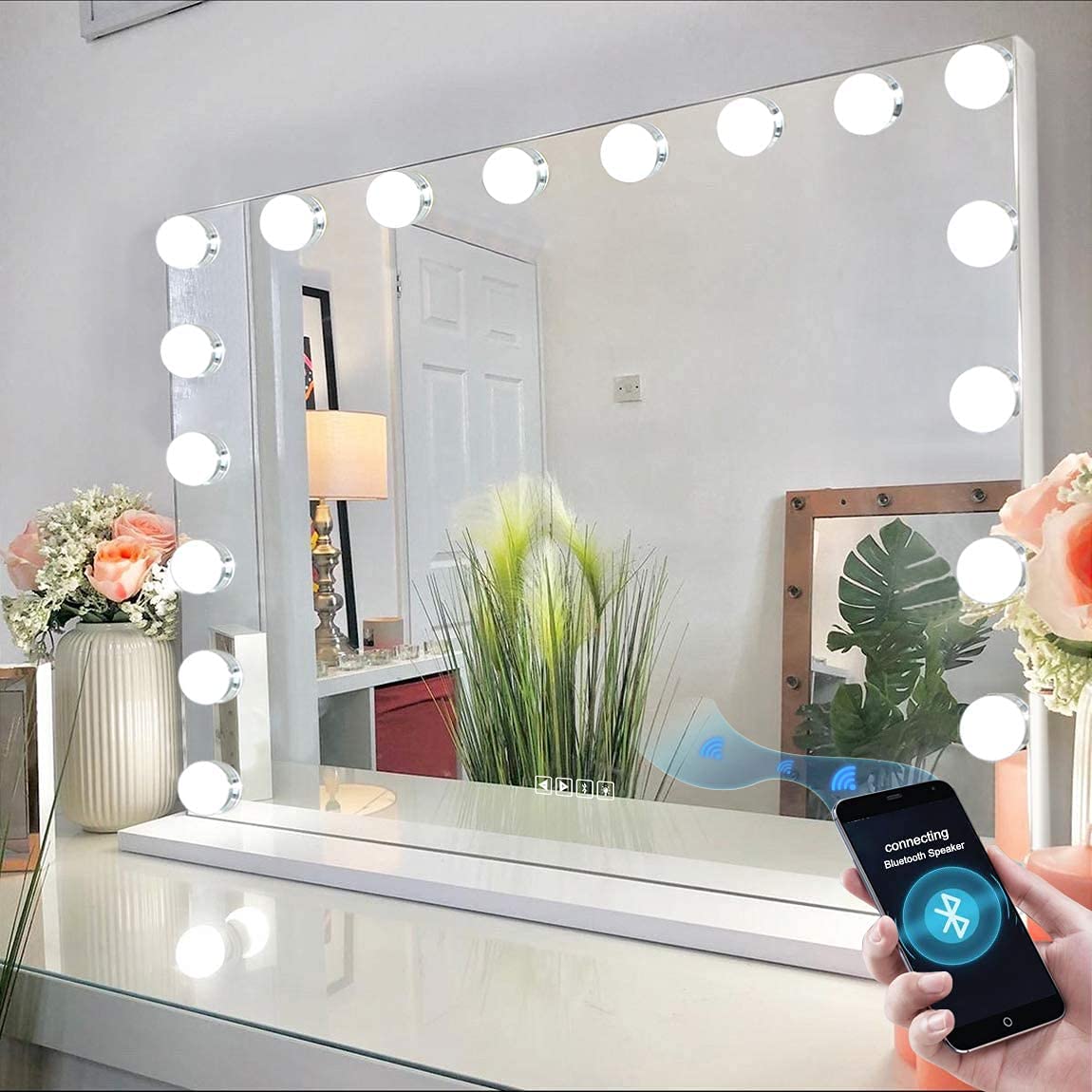 Bobening Bluetooth Vanity Mirror with LED Lights - 18 Dimming Bulbs, Touch Screen, USB Charging & Speaker - Large Hollywood Makeup Mirror for Tabletop or Hanging - Perfect for Home Dressing Room, Salon & Professional Makeup Artists