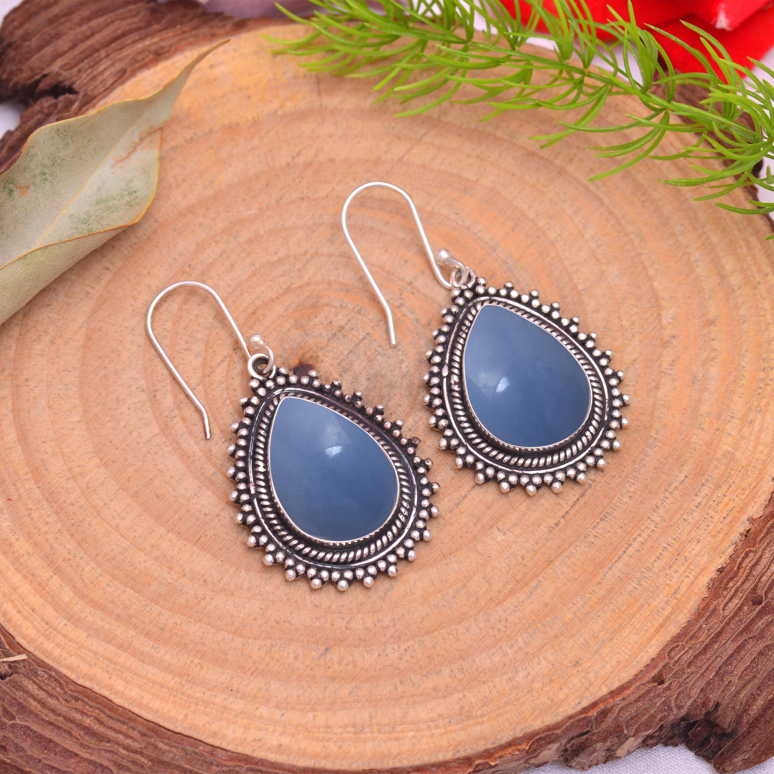 Veracity Jewelry Angelite Earrings for Women - 925 Sterling Silver Blue Gemstone Dangle Earrings - Handmade Angelite Healing Crystal Jewelry - Inner Peace Spiritual Gift - Perfect for Meditation, Yoga & Energy Healing