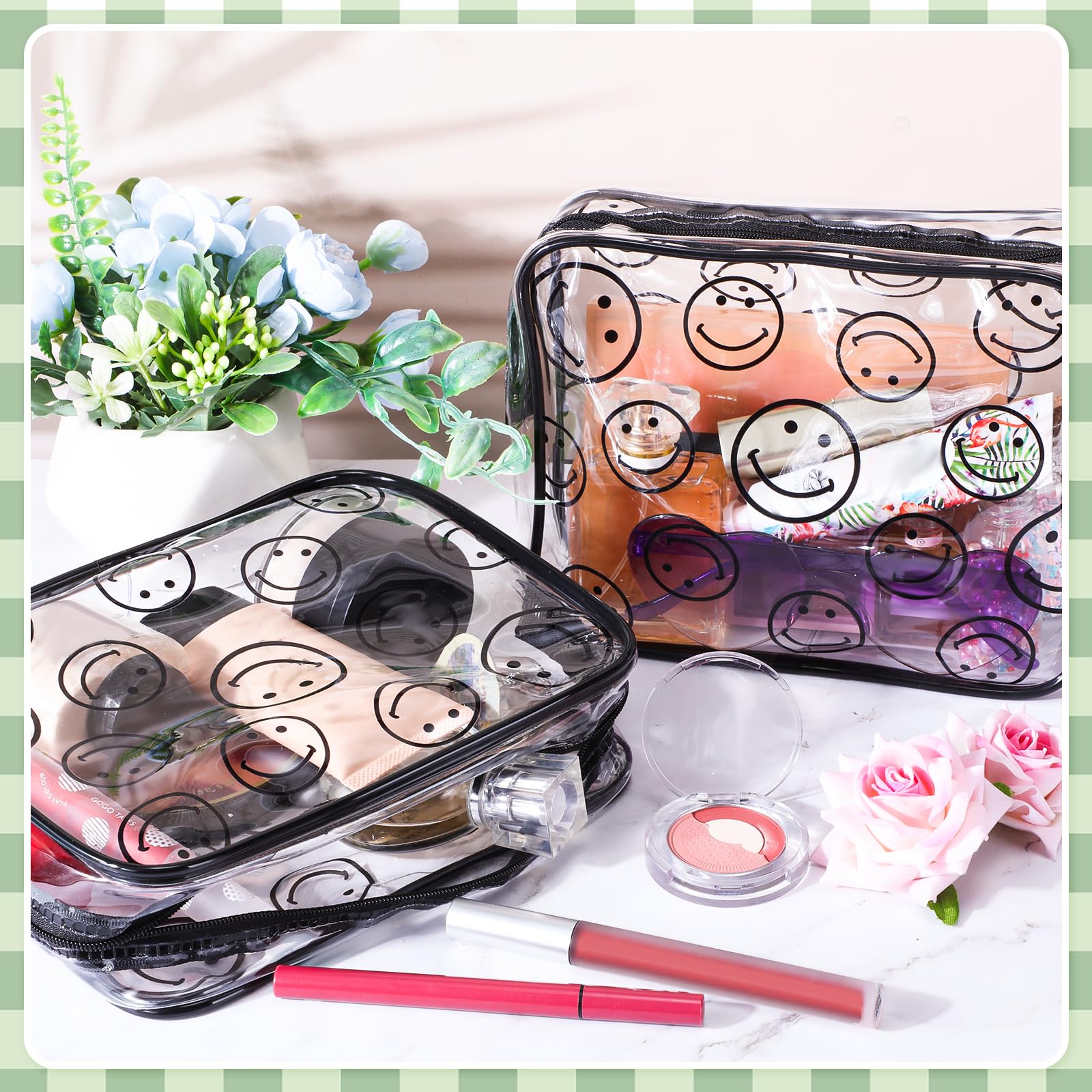 3-Piece Clear PVC Makeup Bags with Zipper - Smiley Face Cosmetic Organizer for Travel, Lightweight Transparent Toiletry Bags for Women | Perfect for Airplane Carry-On, Gym Essentials & Daily Beauty Storage