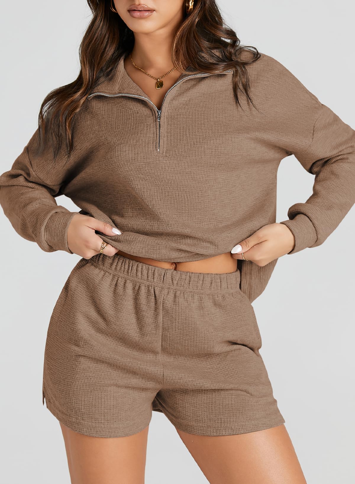 Aleumdr Women's 2 Piece Lounge Set - Soft Waffle Knit Long Sleeve Top & Shorts with Pockets | Comfy Matching Outfit for Home, Travel & Casual Wear | 2025 Fashion Trend