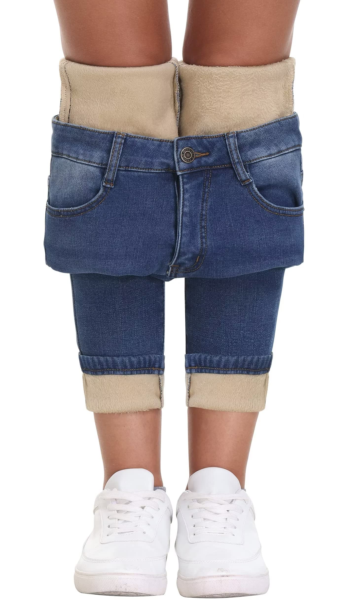 KDF Women's Brown Fleece Lined Winter Jeans - Warm & Comfortable Cold Weather Pants for Outdoor Activities, Snow Days & Casual Winter Wear