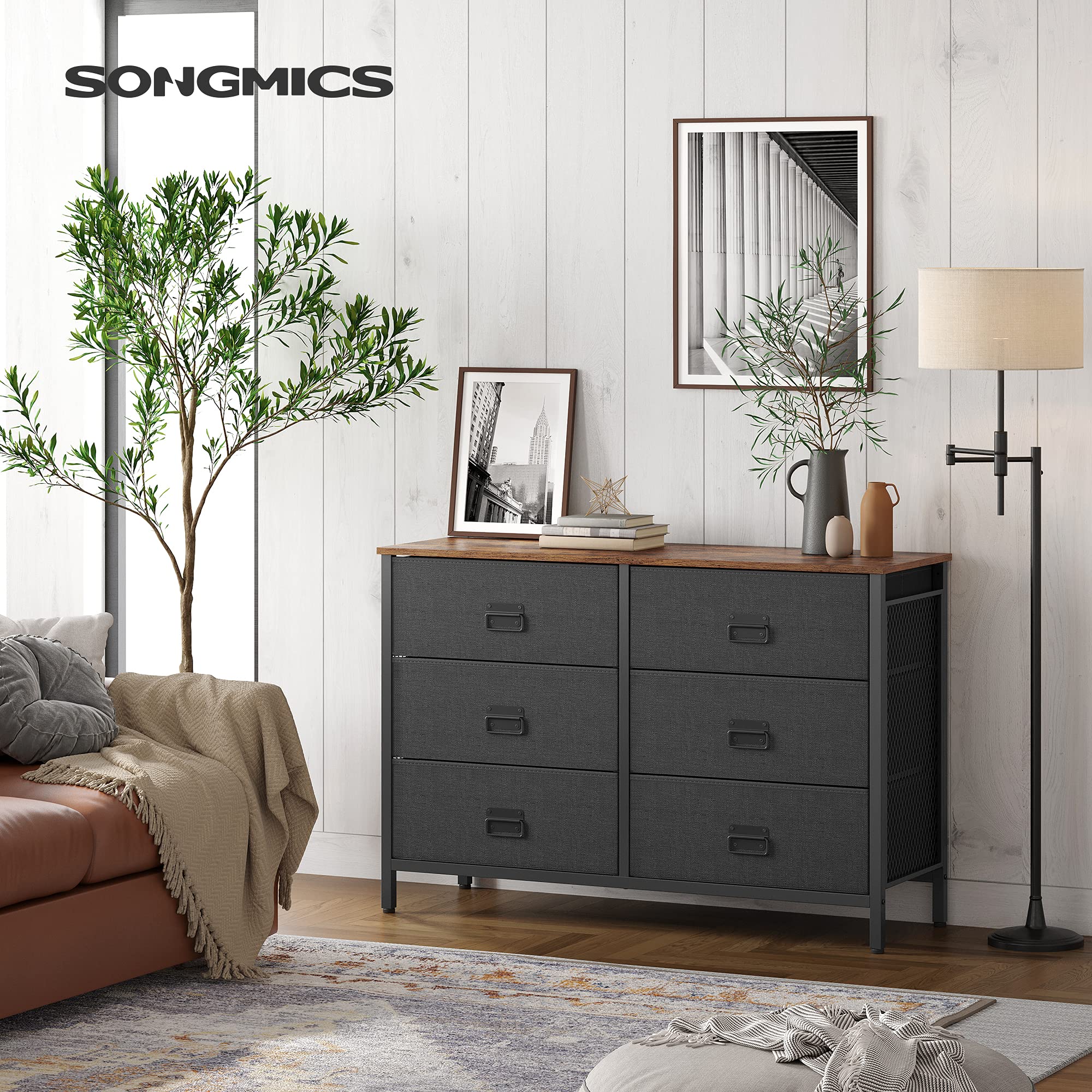 SONGMICS 6-Drawer Fabric Dresser for Bedroom, Rustic Brown & Black Storage Organizer with Steel Frame - Perfect for Bedroom, Living Room, Entryway Closet Organization | ULTS223B01