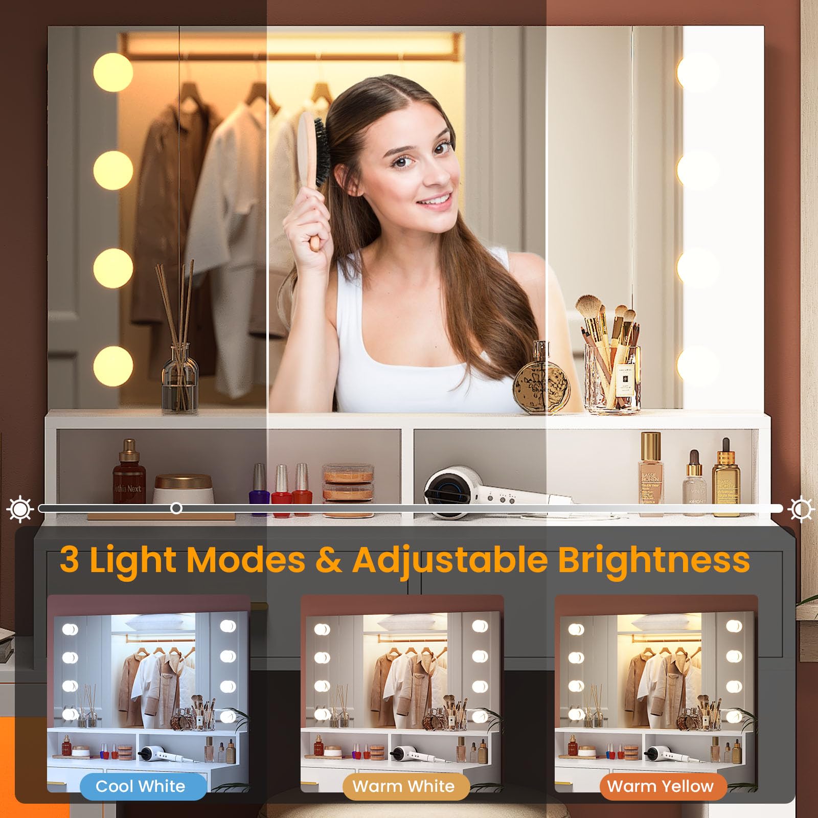 AOGLLATI White Makeup Vanity Desk with LED Mirror & Lights - 3 Drawers, 5 Storage Cabinets & USB Charging Station - 3 Adjustable Lighting Modes for Perfect Glam - Ideal for Bedroom, Dressing Room & Beauty Salon