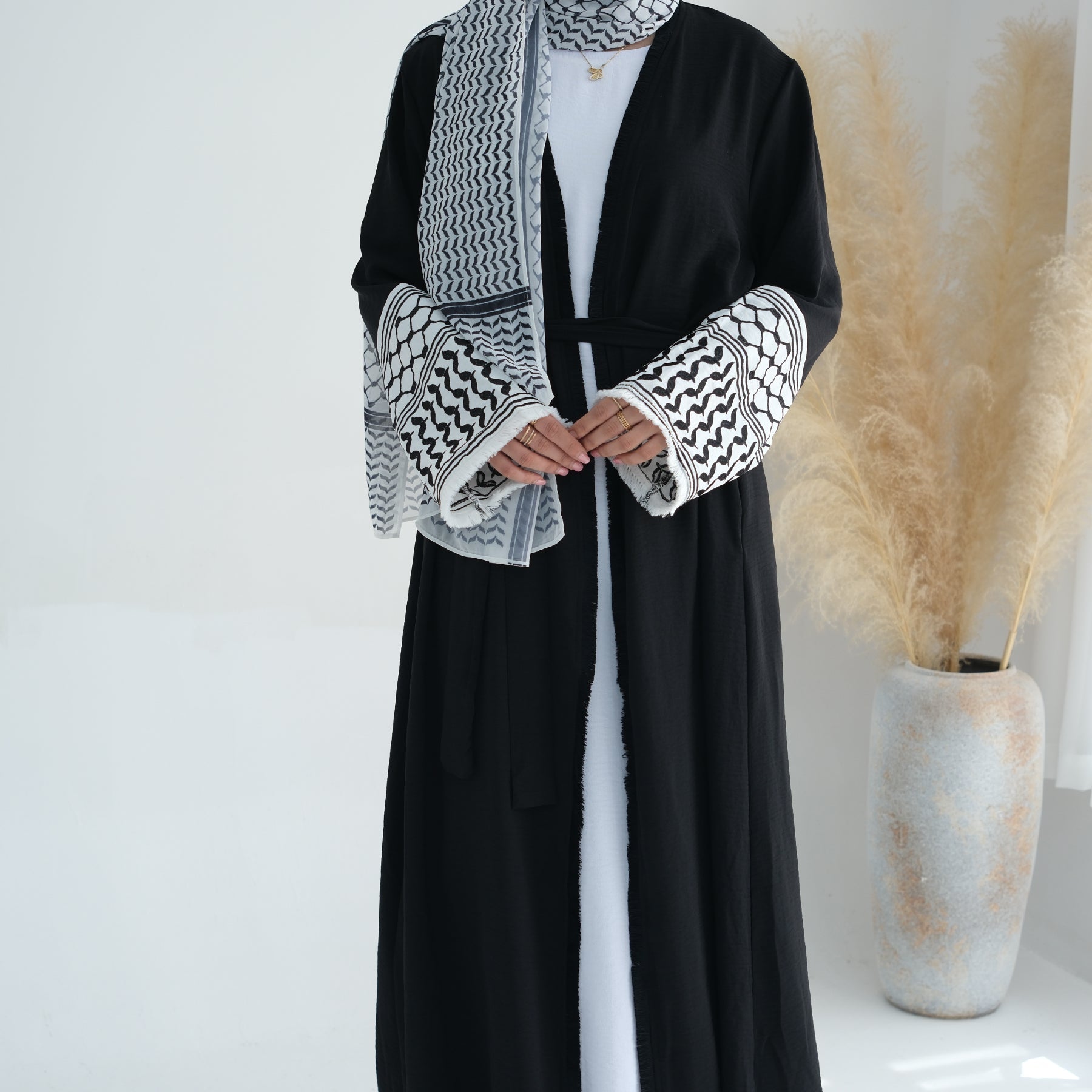 Elegant Black Kufiya Open Abaya Set - Modest Muslim Prayer Dress for Women | Perfect for Eid, Ramadan & Special Occasions