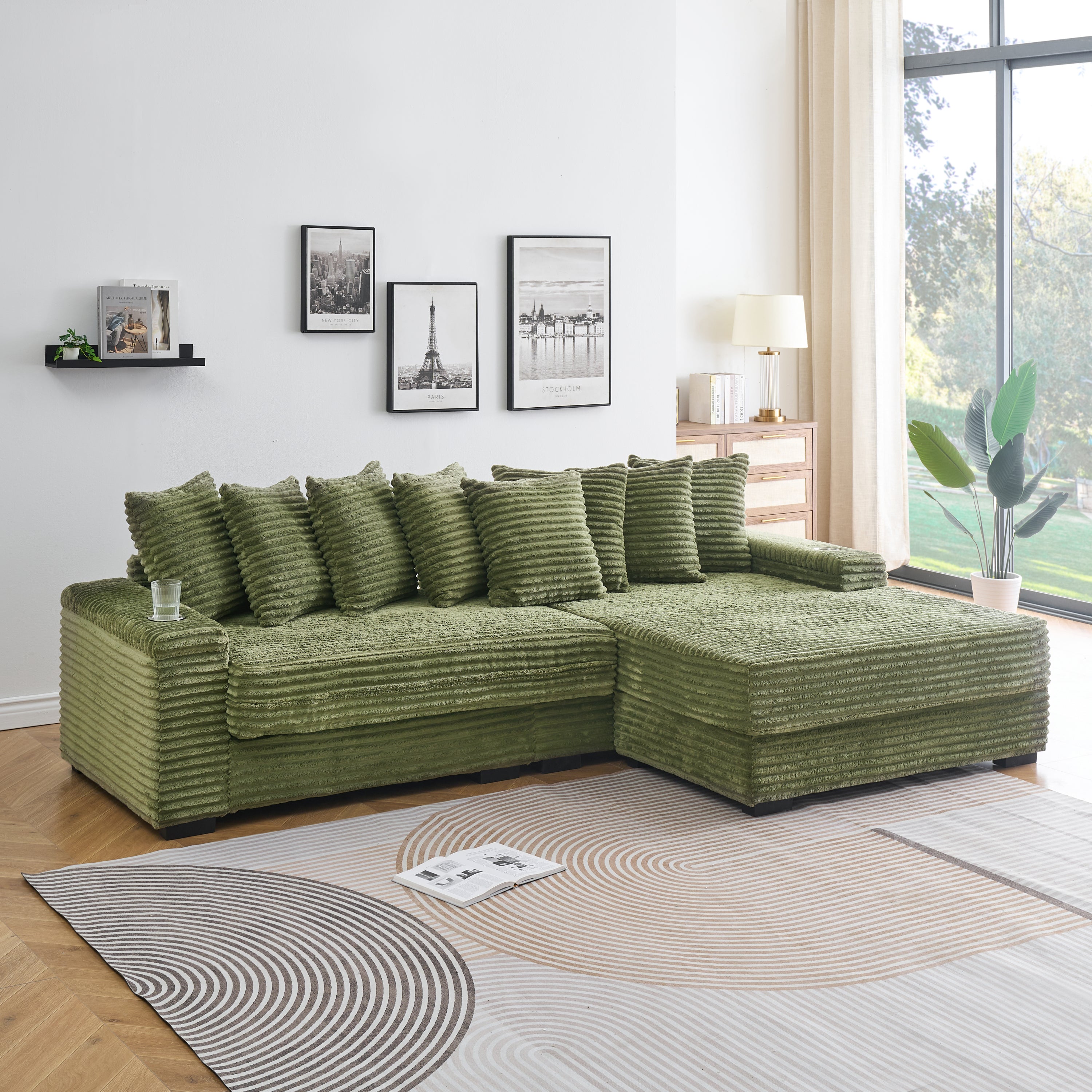 111.4 Inch Green Corduroy Reversible Chaise Lounge Sofa with Cup Holders & Storage Lockers on Armrests – Perfect for Living Room, Bedroom & Small Spaces