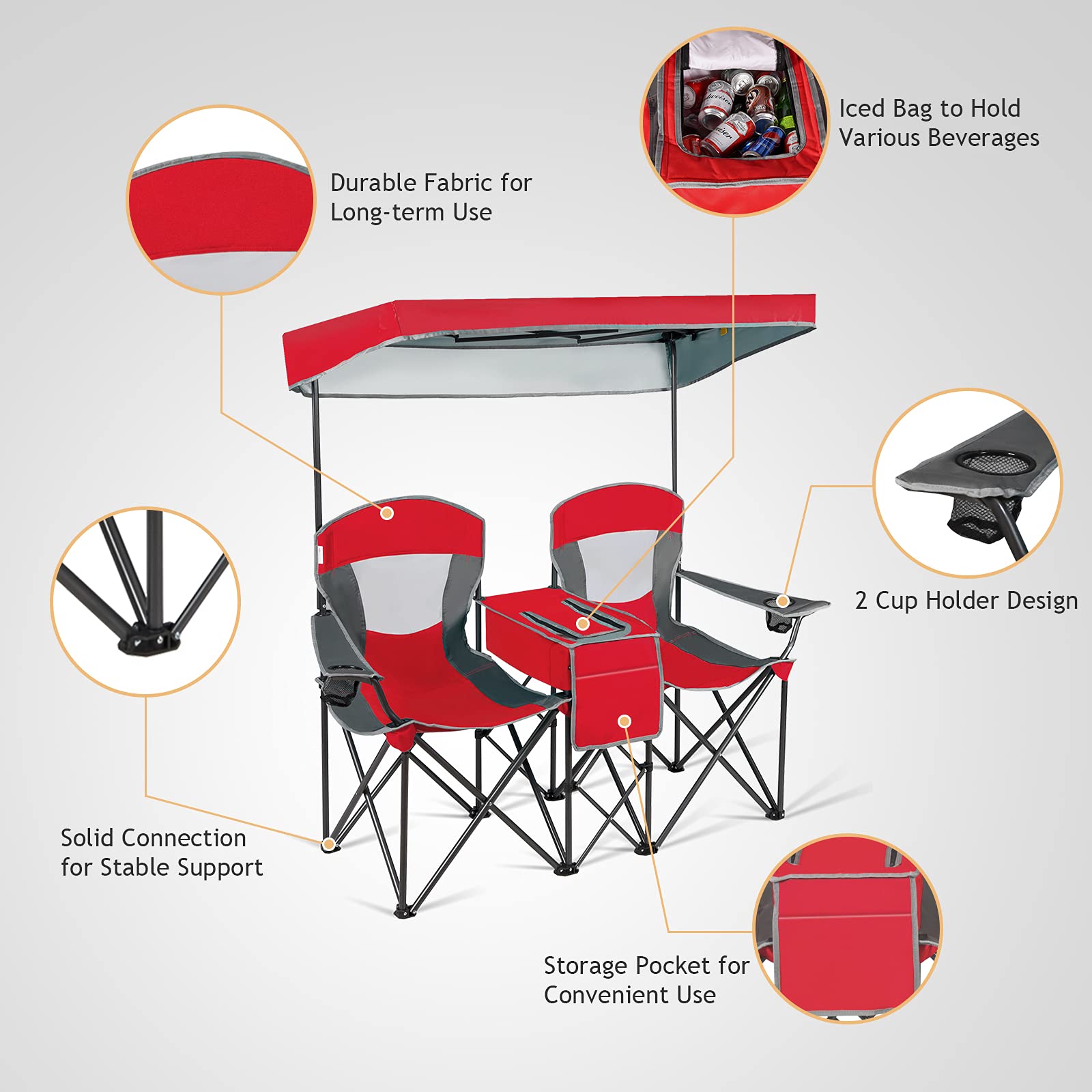 SAFSTAR 2-Person Folding Camping Chair with Shade Canopy - Portable Beach Chair with Cup Holder, Mini Table & Carrying Bag - Compact Outdoor Chairs for Camping, Backyard, Patio, Pool & Beach Picnics - Red