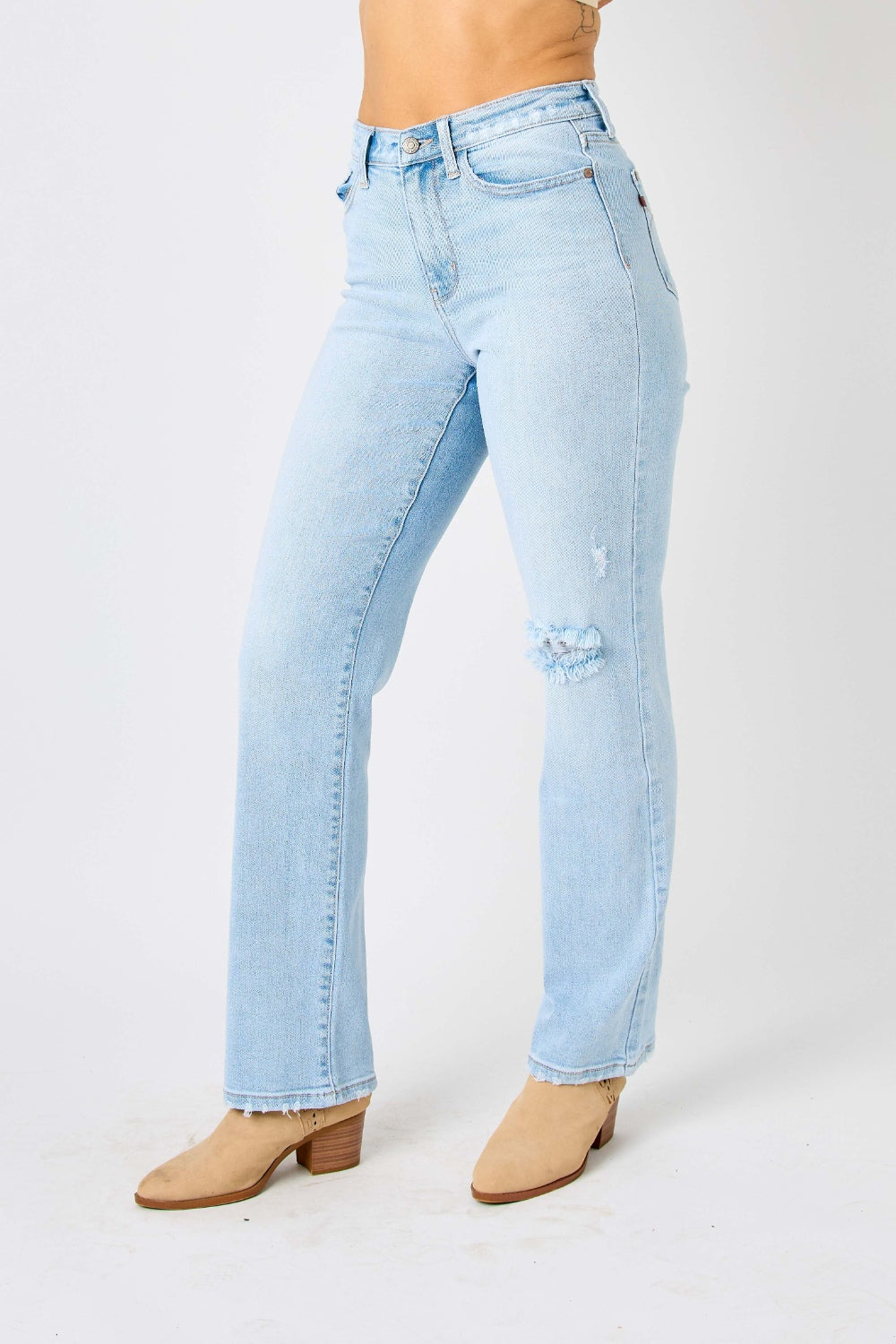 Judy Blue Women's High Waist Distressed Straight Leg Jeans - Comfortable Stretch Denim Pants for Casual Wear & Everyday Outfits