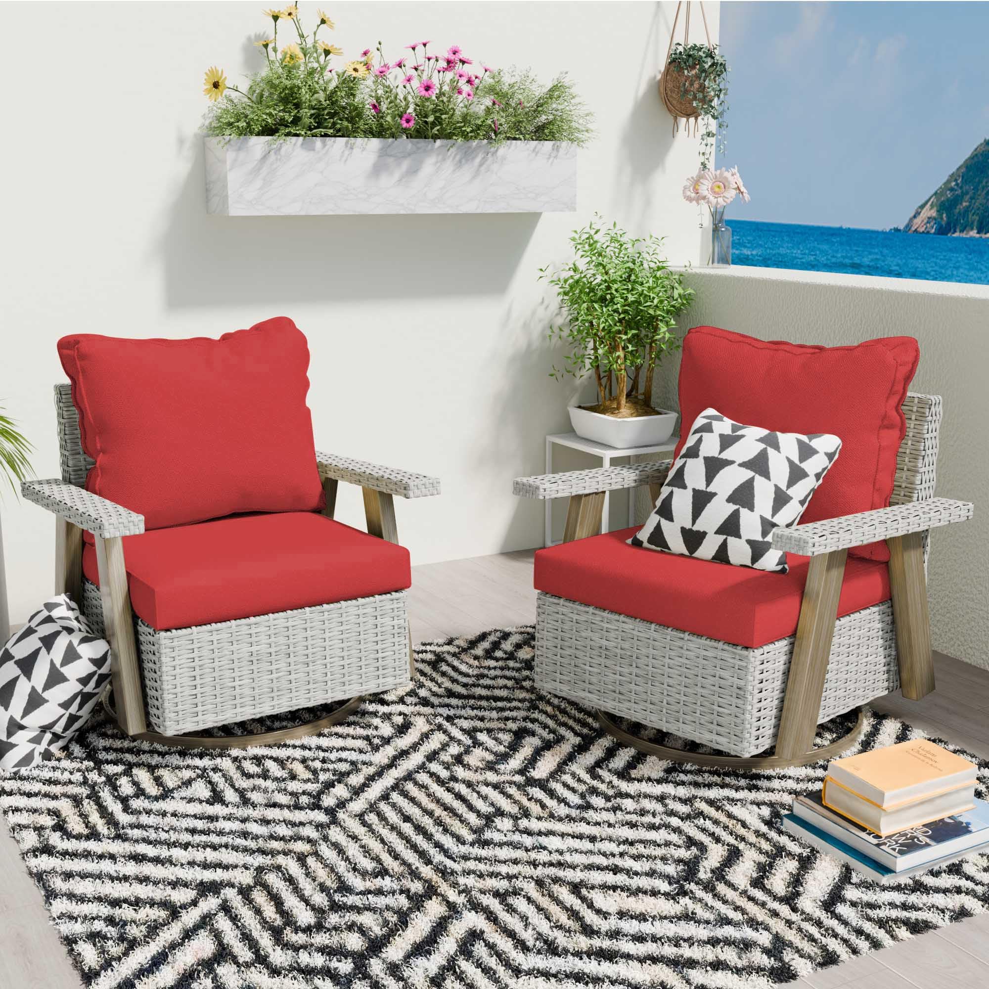 2-Piece Outdoor Swivel Rocking Chair Set - Rattan Wicker Patio Furniture with Cushion for Porch, Deck, Balcony & Garden (Red) | Perfect for Relaxing, Entertaining & Outdoor Conversations