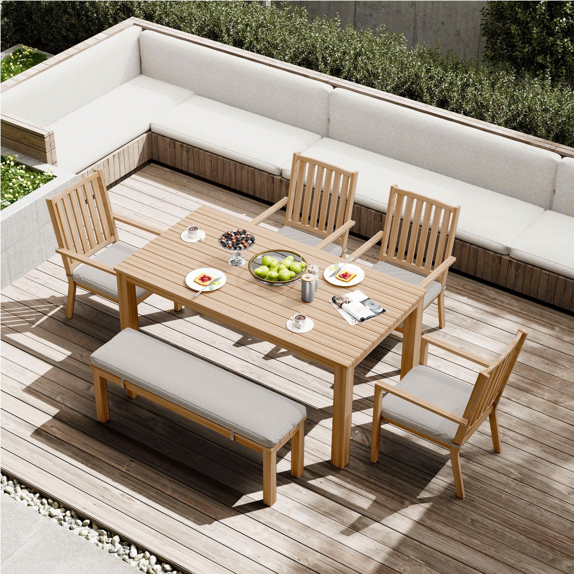 RoyalCraft Aluminum 6-Piece Patio Dining Set - Outdoor Dining Table with 4 Chairs & Bench - Weather-Resistant Brown Patio Furniture with Removable Cushions - Perfect for Garden, Backyard, Lawn & Outdoor Entertaining