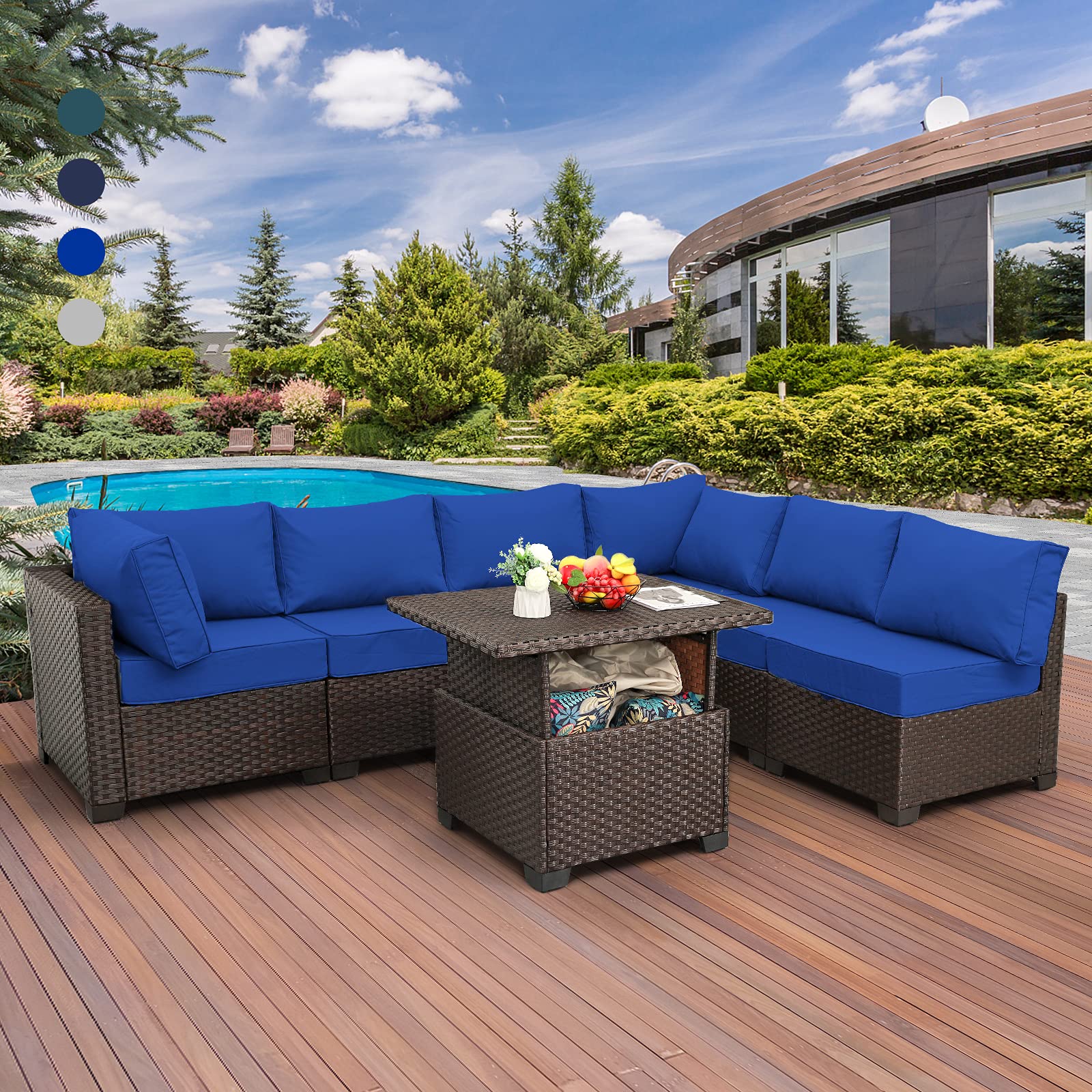 7-Piece Patio Sectional Sofa Set with Adjustable Storage Table & Thick 5