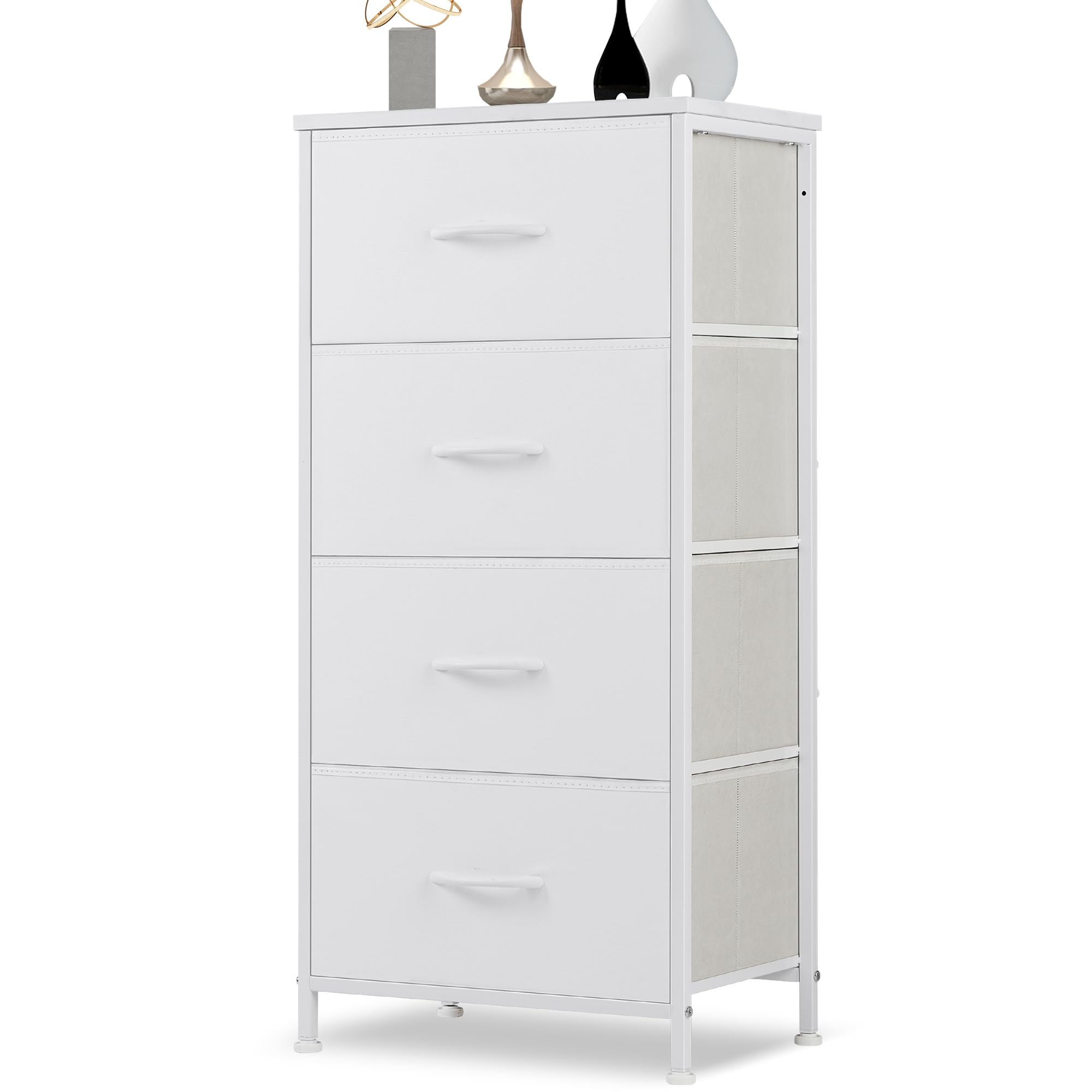 DUMOS 4-Drawer Dresser for Bedroom Storage - Tall Fabric Closet Organizer with Wooden Top & Metal Frame - Kids Clothes Chest for Living Room, Hallway, Entryway | Perfect for Small Space Organization & Home Decor