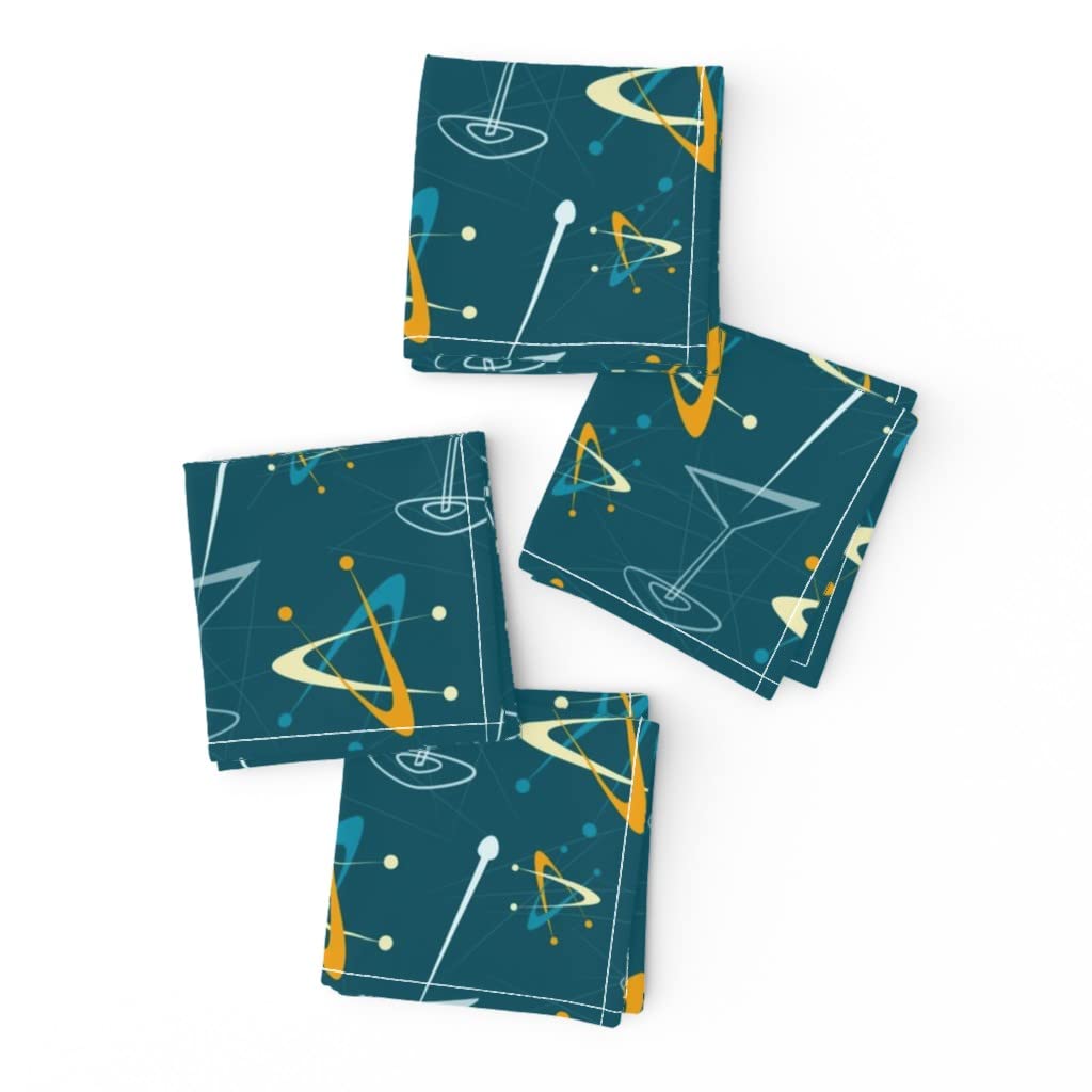 Mid Century Modern Cocktail Napkins Set of 4 - Vintage Space Blue & Orange Kitchen Print Linen Cotton Canvas Drink Napkins for Parties, Dining & Home Decor
