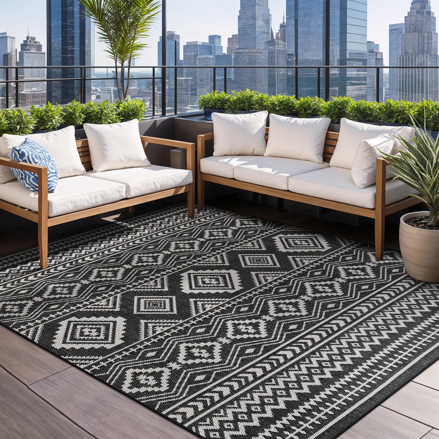 Beverly Rug Waikiki Boho Indoor Outdoor Rug 9x12 - Washable Bohemian Area Rug for Patio, Deck, Porch - Farmhouse & Aztec Tribal Design in Black and White - Perfect for Beach Houses, Living Rooms, and Cozy Outdoor Spaces