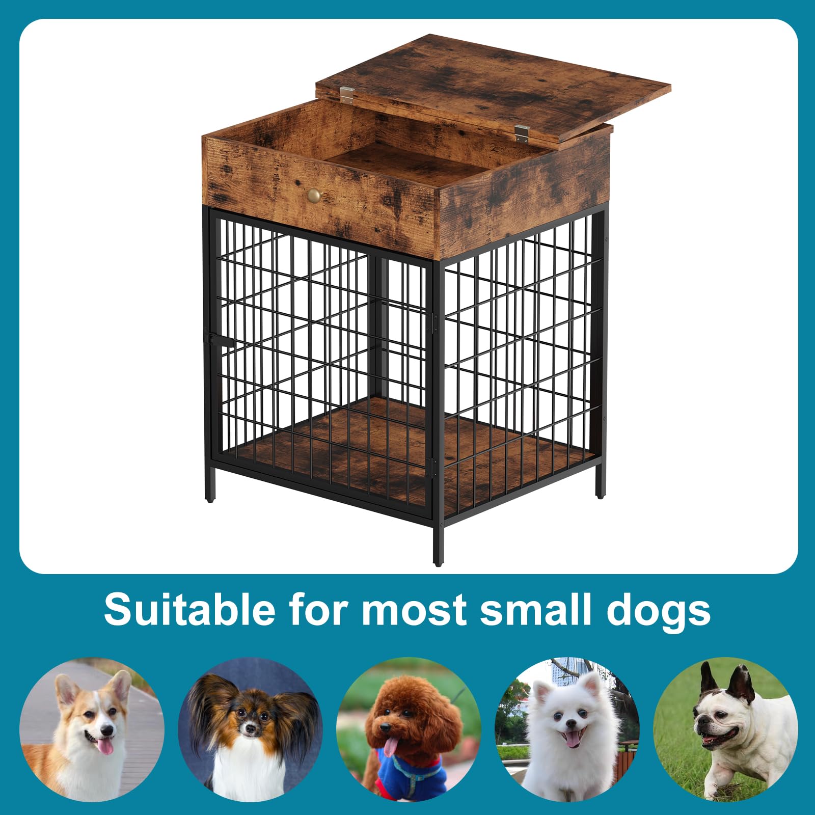 Rustic Brown Decorative Dog Kennel with Storage Drawer - Indoor Pet Crate End Table for Small Dogs | Steel-Tube Chew-Proof Dog Cage | Perfect for Living Room, Bedroom & Home Office Decor