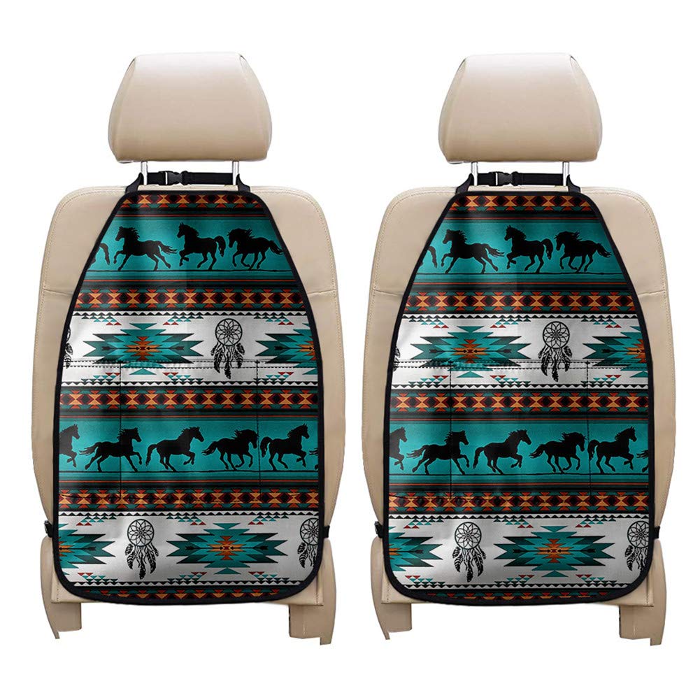 PZZ BEACH Kick Mats Car Seat Back Protector Organizer with Storage Pocket & Phone Holder - Navajo Aztec Tribal Horse Print (Turquoise) - 2 Pack Car Travel Accessories for Kids & Baby - Perfect for Road Trips, Family Vacations and Daily Commutes
