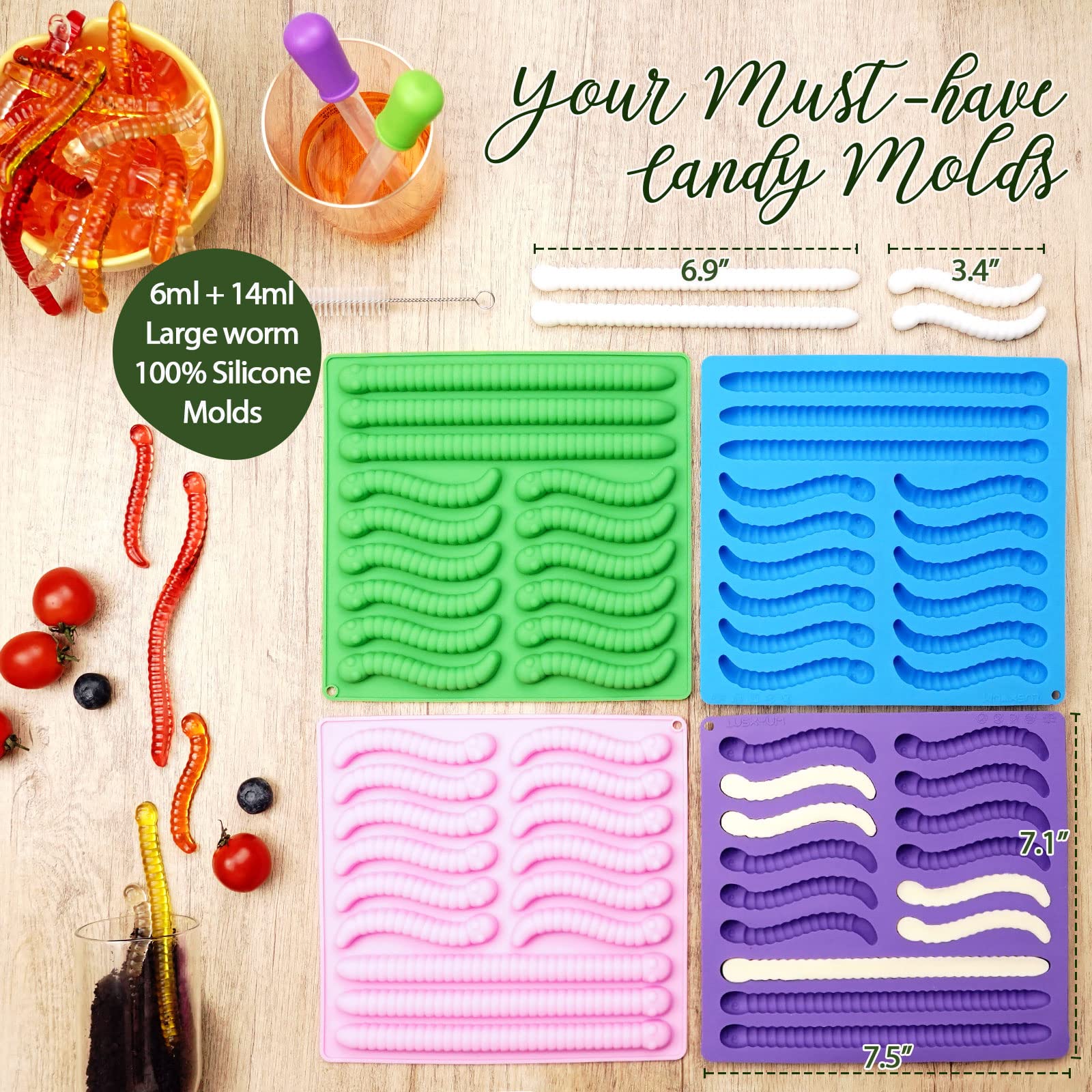 Premium Silicone Gummy Worm Molds Set (4PCS) - 60 Cavity Non-Stick Chocolate & Candy Molds in 6ML & 14ML Sizes with 2 Droppers & Brush - Perfect for Halloween Treats, DIY Candy Making, Kids Birthday Parties & Baking Gifts