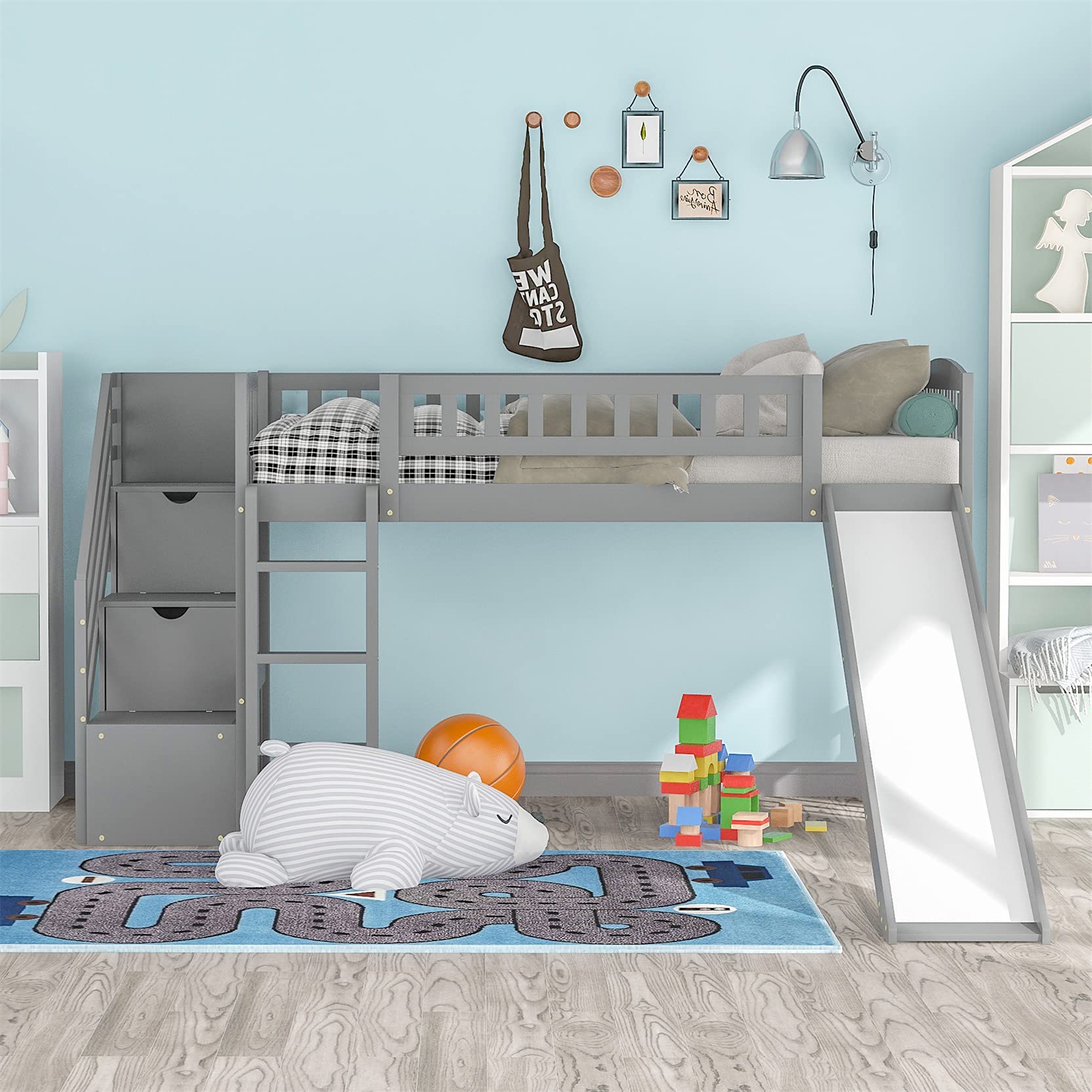 Kids Twin Loft Bed with Slide & Stairs - Wooden Playhouse Bunk Bed with Built-in Ladder, No Box Spring Needed, Grey - Perfect for Small Bedrooms & Playrooms