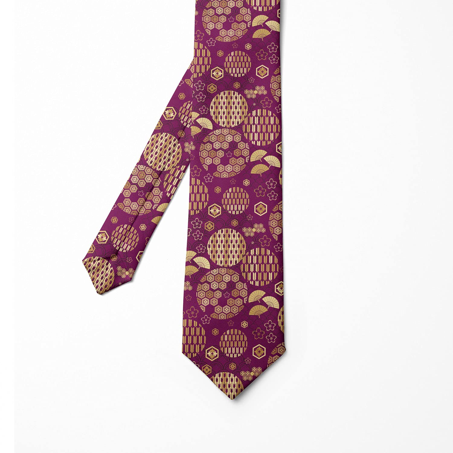 Ambesonne Men's Silk Tie - Elegant Hand Fans Pattern, 3.7 Inch Width, Dark Magenta & Sand Brown - Perfect for Business Meetings, Weddings & Formal Events