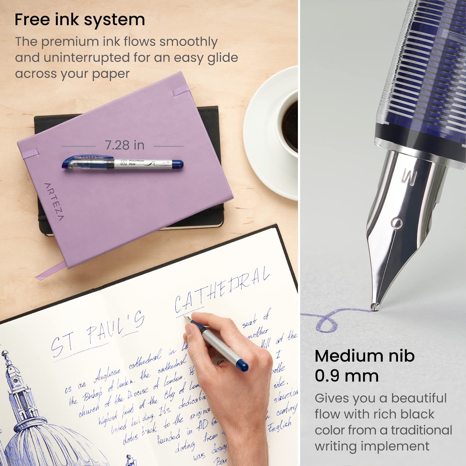 ARTEZA Disposable Fountain Pens - 12 Pack with Medium 0.9mm Nib, Smooth Writing Quick-Drying Blue Ink - Premium Art Supplies for Professionals, Students & Artists - Perfect for Calligraphy, Sketching & Journaling