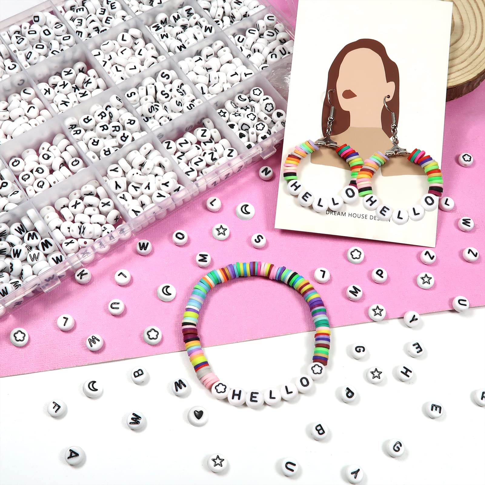 TOAOB 1440pcs 4x7mm White Round Acrylic Alphabet Beads A-Z with Black Letters & Star Heart Charms - DIY Jewelry Making Kit for Bracelets, Necklaces, Keychains - Perfect for Girls Crafts, Friendship Gifts, Party Favors and Personalized Accessories