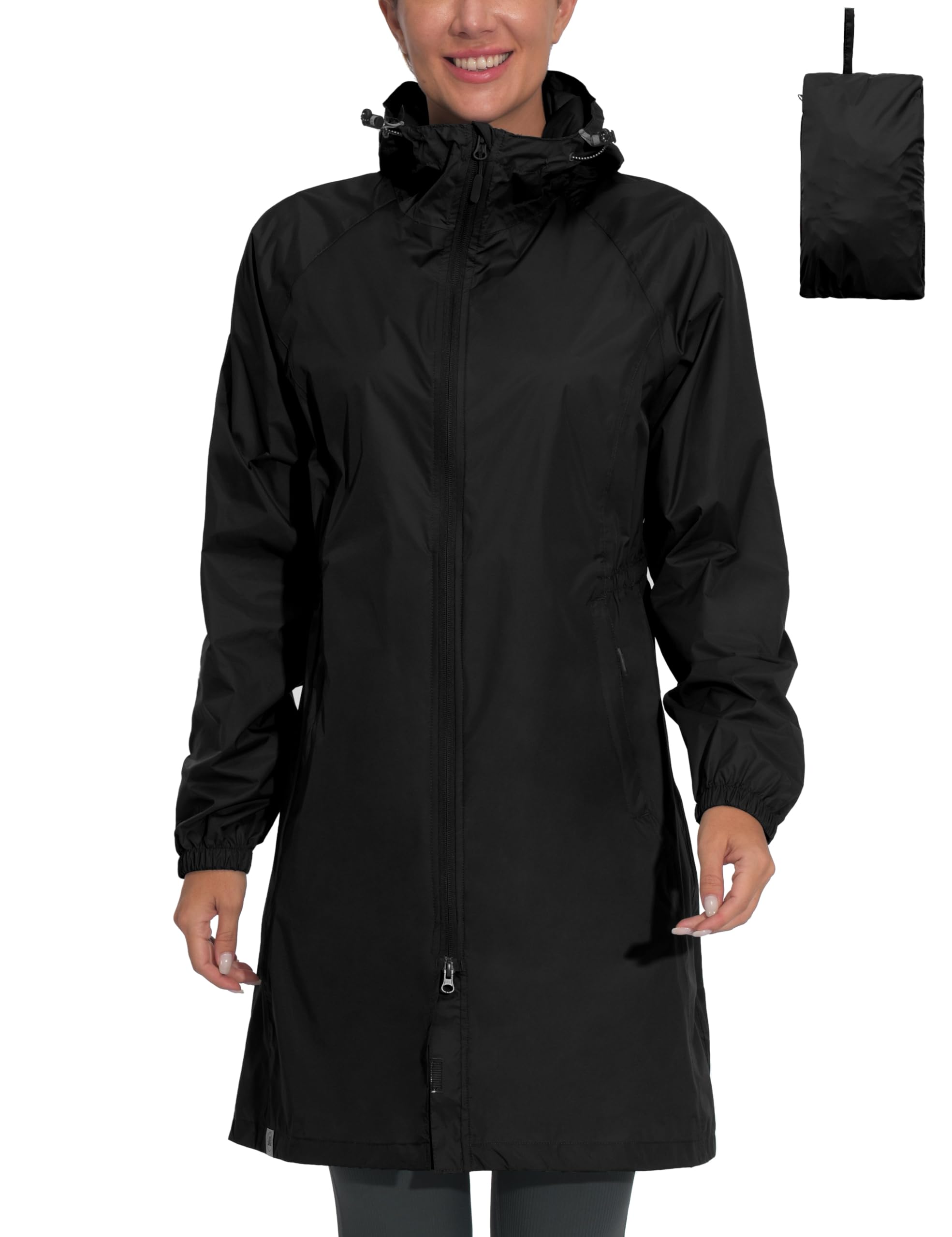 Mapamyumco Women's Ultra-Light Waterproof Rain Jacket with Hood - Packable Long Raincoat with Zipper Pockets for Outdoor Hiking, Travel & Commuting