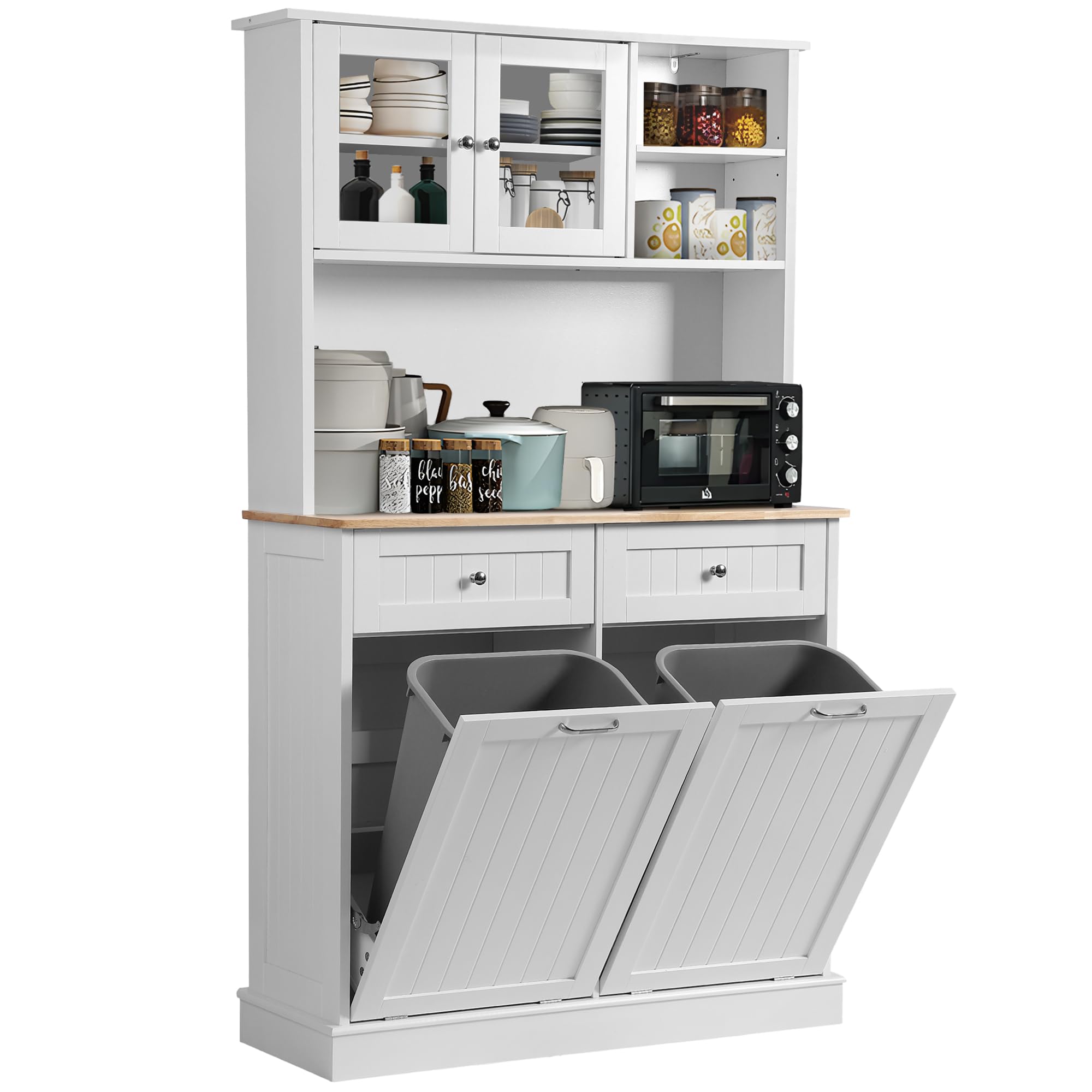 White Freestanding Kitchen Pantry Storage Cabinet with Microwave Shelf & Tilt-Out Trash Bin - Tall Cupboard Hutch for Small Spaces - Perfect for Apartments, Condos & Compact Kitchens (Model 4HP6044)