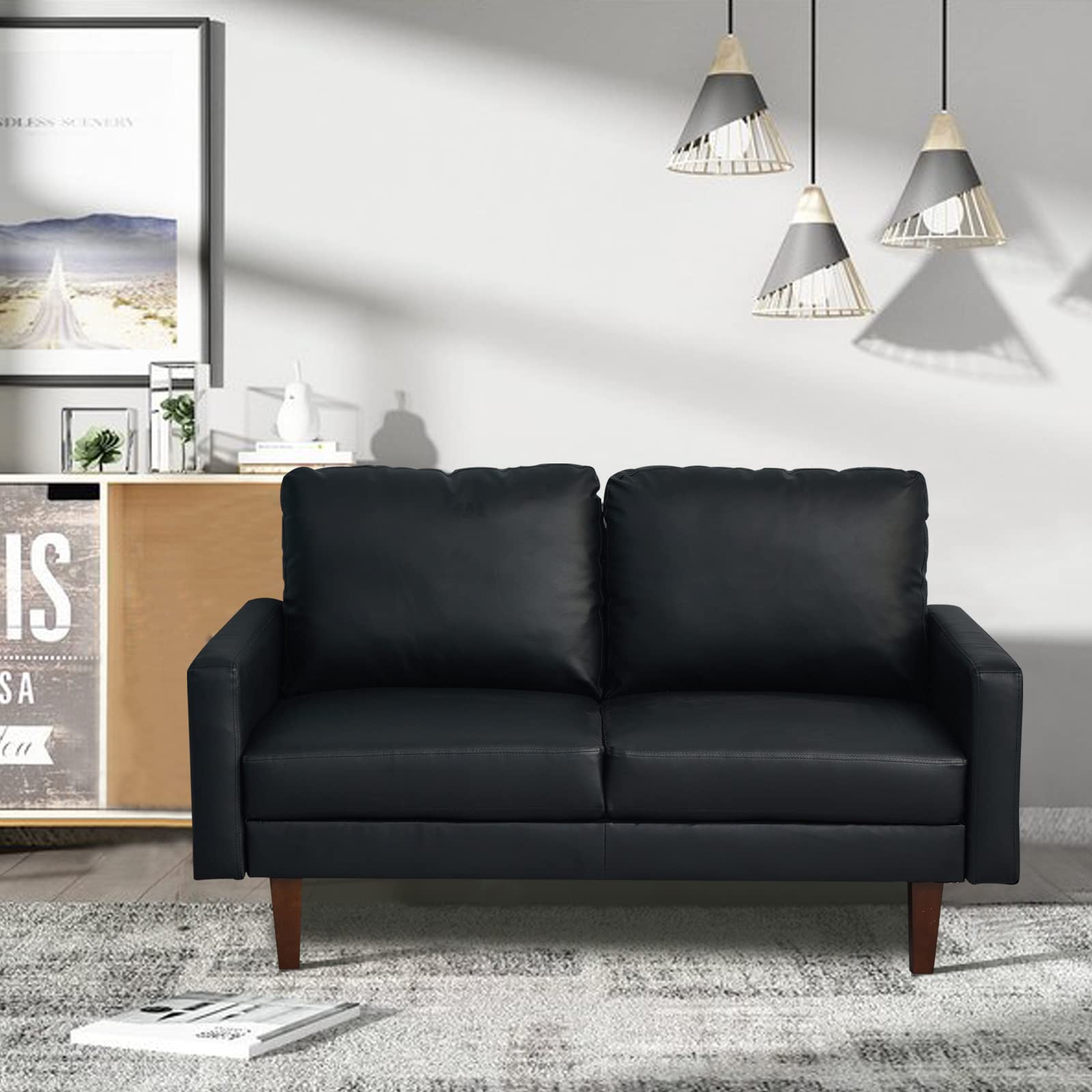 Premium Black Leather Loveseat Sofa - Modern Comfortable 2-Seater Couch with Sturdy Wooden Legs for Living Room, Office & Small Spaces - Perfect for Relaxing, Entertaining & Home Decor