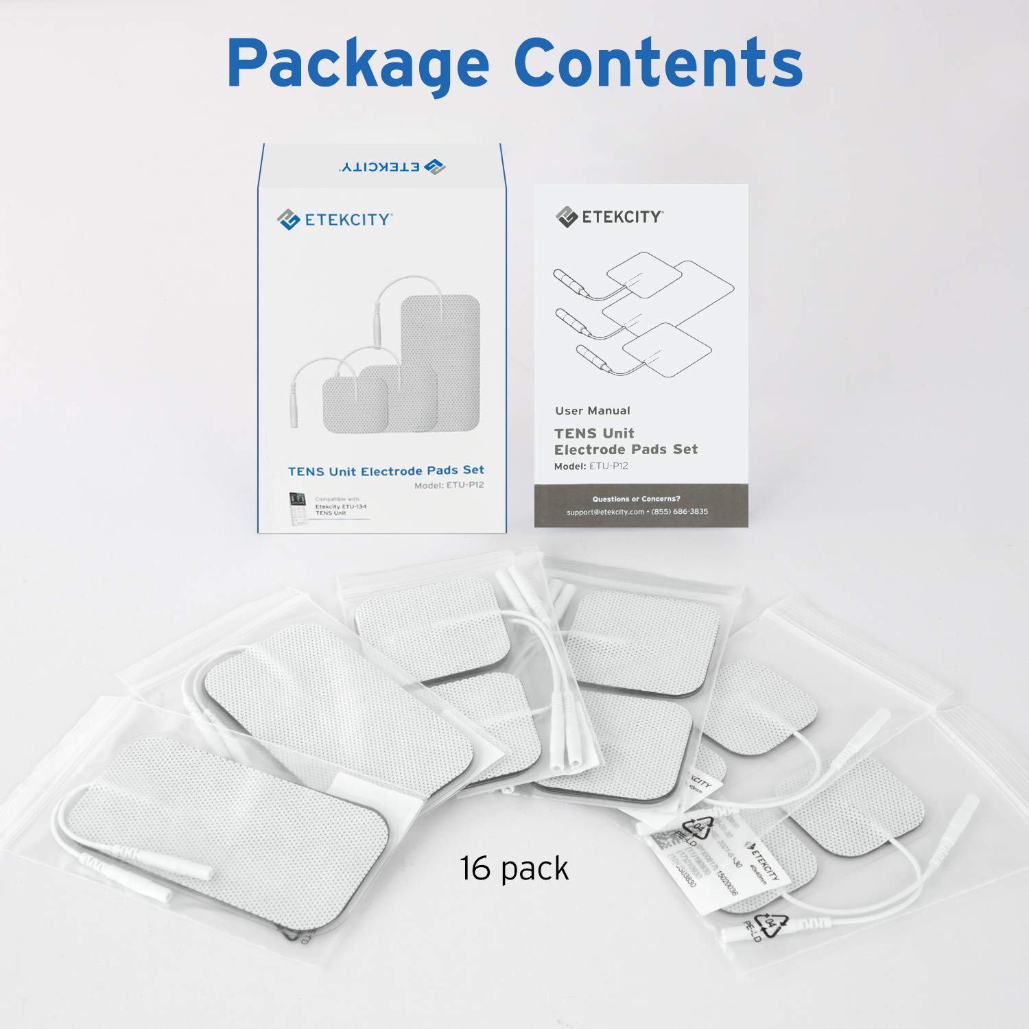 Etekcity TENS Unit Replacement Pads - 16 Pack Self-Adhesive Electrotherapy Electrodes for Back Pain Relief, Neck & Muscle Therapy - Gel-Free, Hypoallergenic for Home & Professional Use