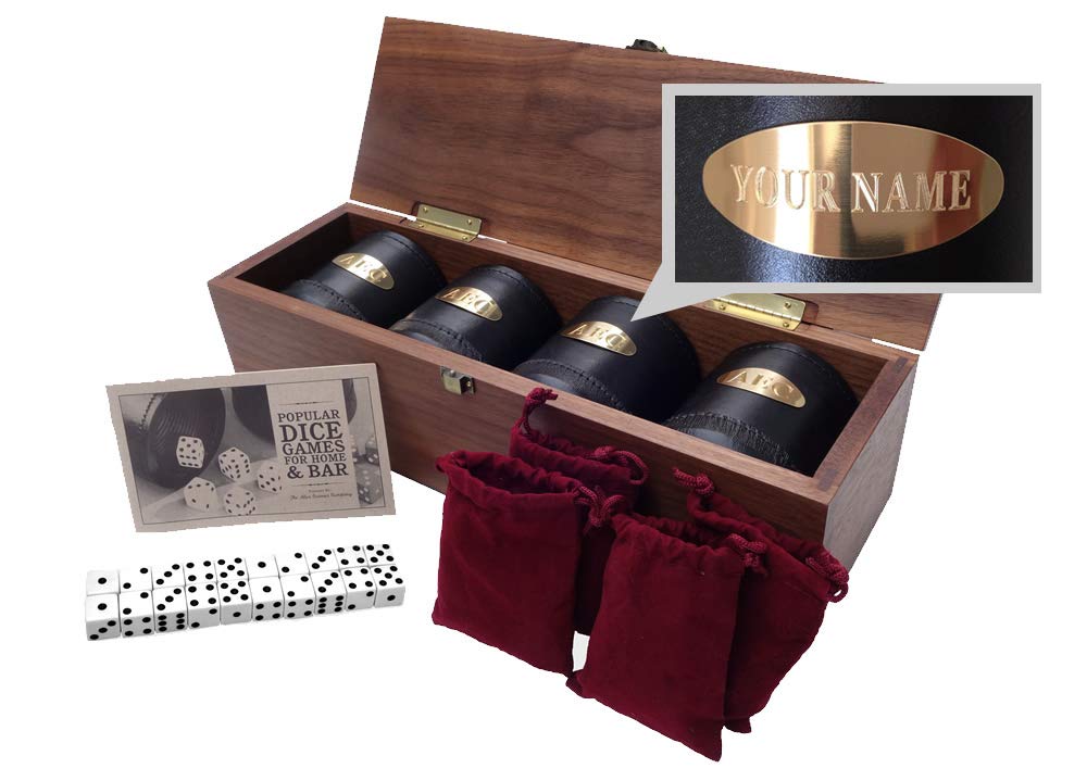 Premium Golden Gate Dice Cup Set - 4 Walnut Dice Shakers with 20 White Dice & Dice Games Book (Includes Liars Dice) - Perfect for Casino Nights, Family Game Nights & Tabletop RPGs