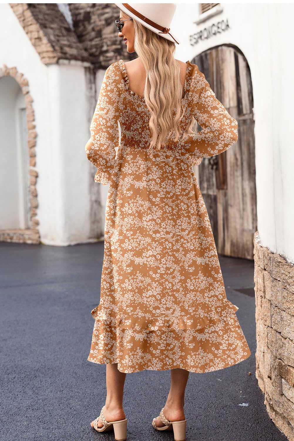 Dokotoo Women's Floral Maxi Dress with Square Neck, Long Sleeves & Smocked Waist - Casual Spring Tiered Ruffle Hem Dress for Outdoor Events, Date Nights & Vacation Wear