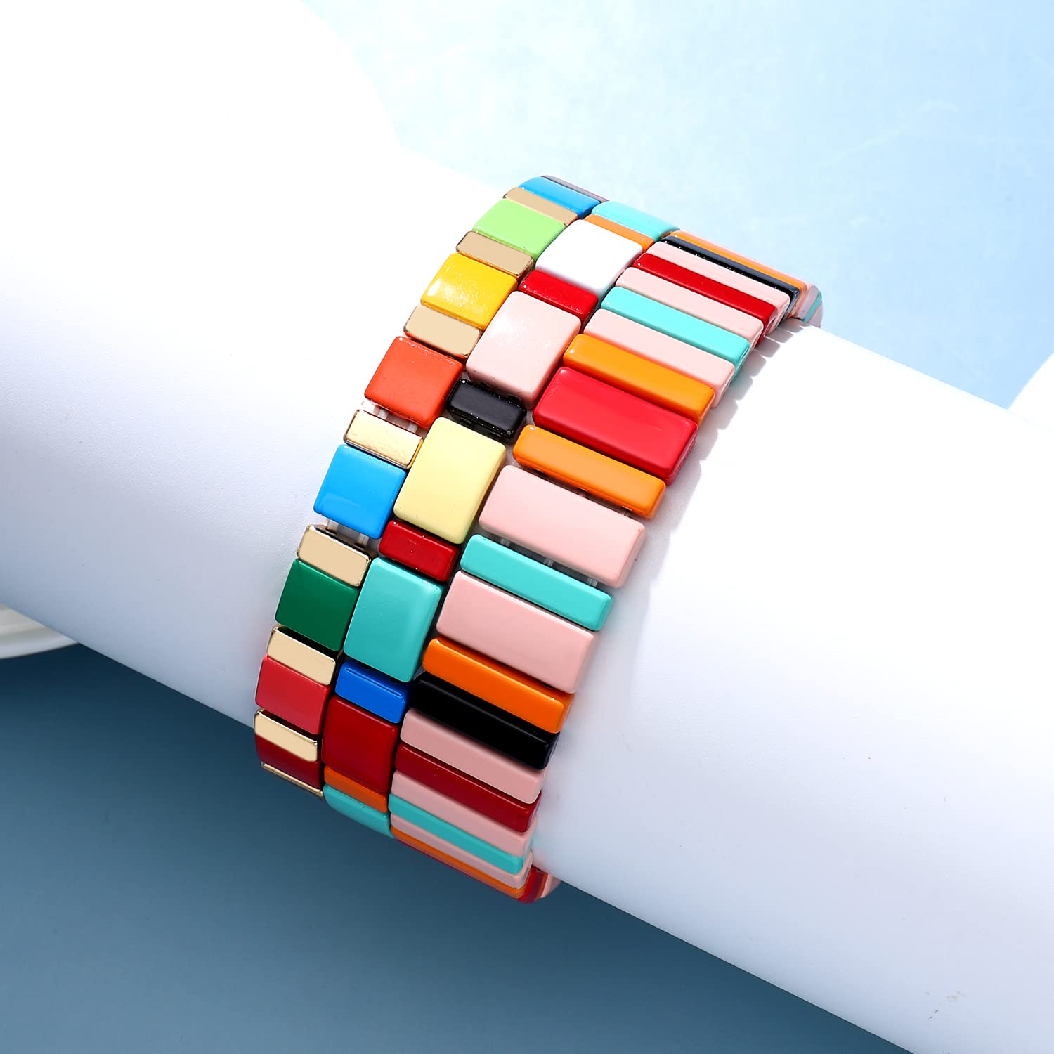 METOBAR Enamel Tile Tila Bracelets Set - Multicolor Bohemian Beaded Stretchy Elastic Bracelets for Women, Handmade Stackable Jewelry - Perfect for Festivals, Beach, and Boho Fashion