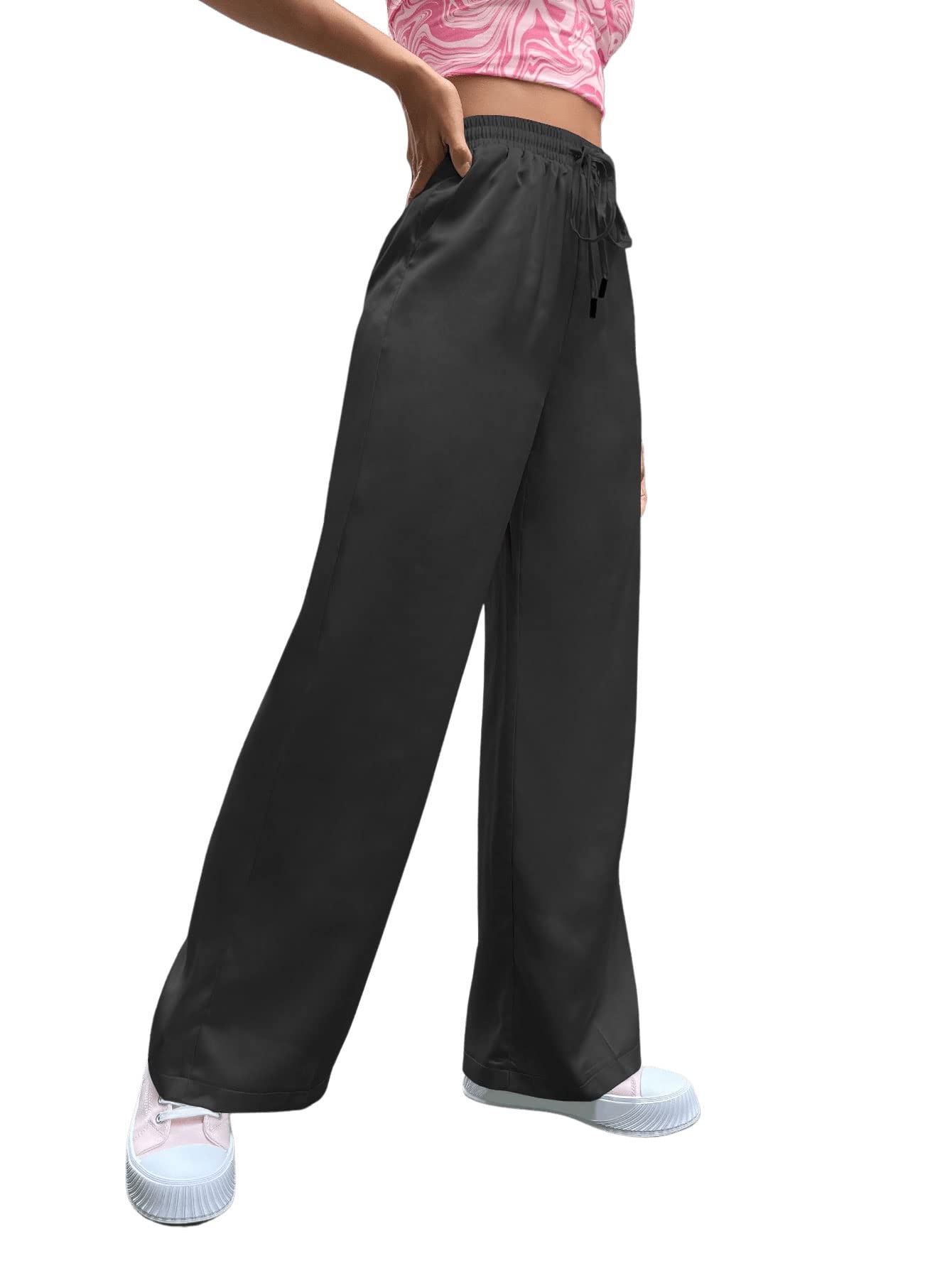 SweatyRocks Women's Wide Leg Satin Pants - Elastic Waist Loose Trousers with Pockets for Casual Wear, Lounge & Office Outfits
