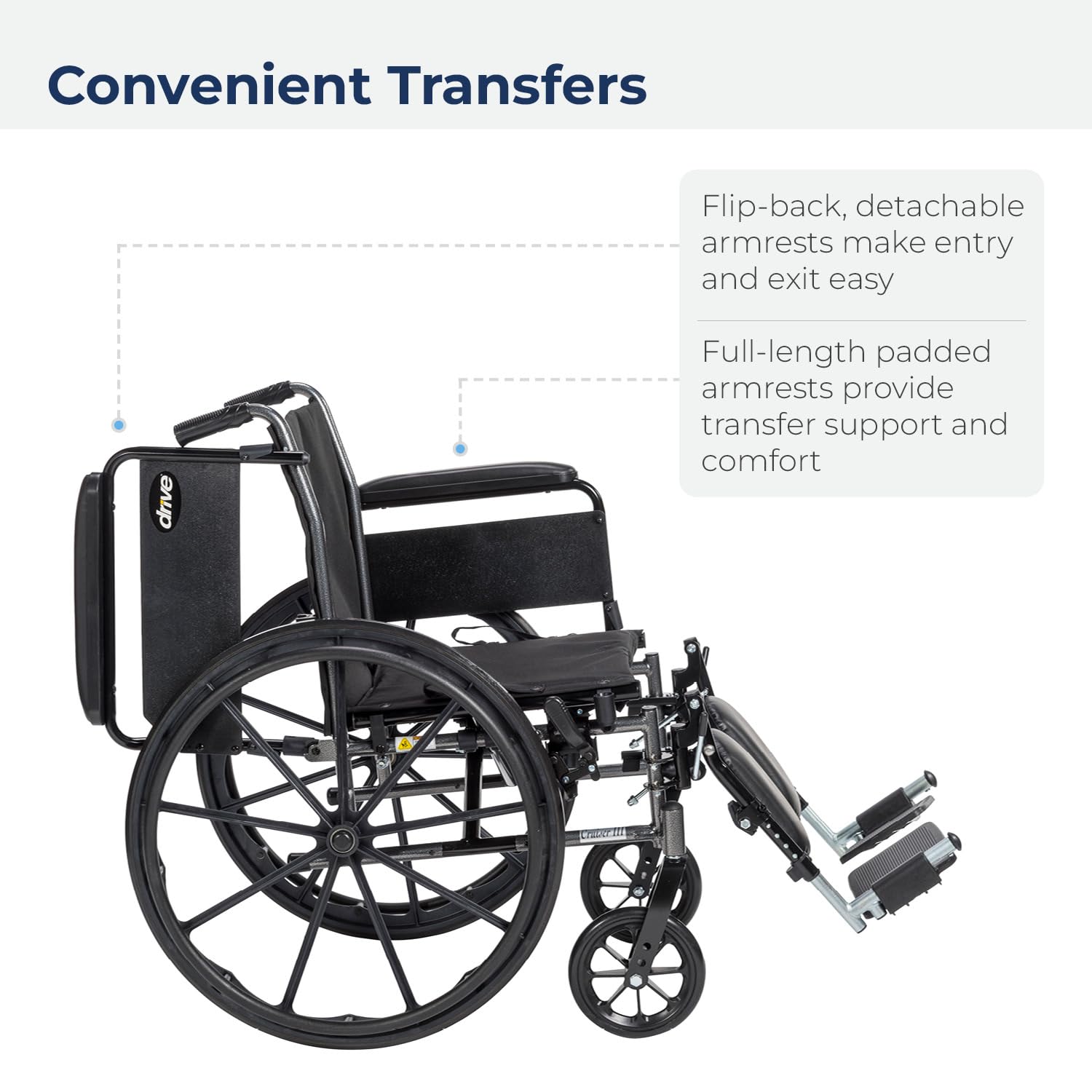 Drive Medical K320DFA-ELR Cruiser III Lightweight Folding Wheelchair with Flip-Back Arms & Elevating Leg Rests - Compact Mobility Aid for Seniors & Travel (16