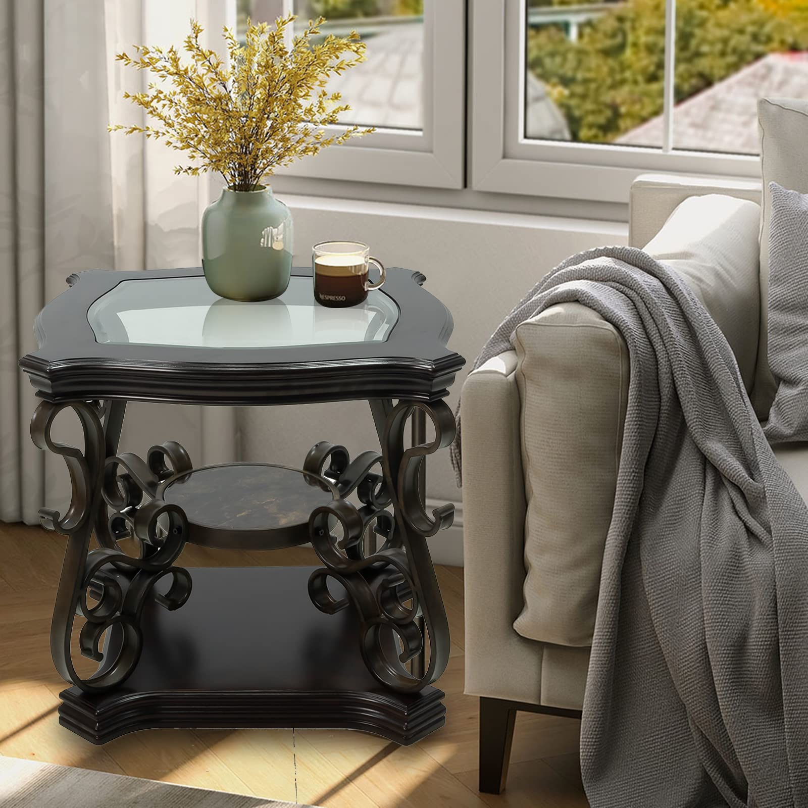2-Tier Oval End Table with Glass Top & Metal Legs - Traditional Side Table with Shelf & Powder Coat Finish for Living Room, Office - Dark Brown | Perfect for Sofa, Bedside & Small Spaces