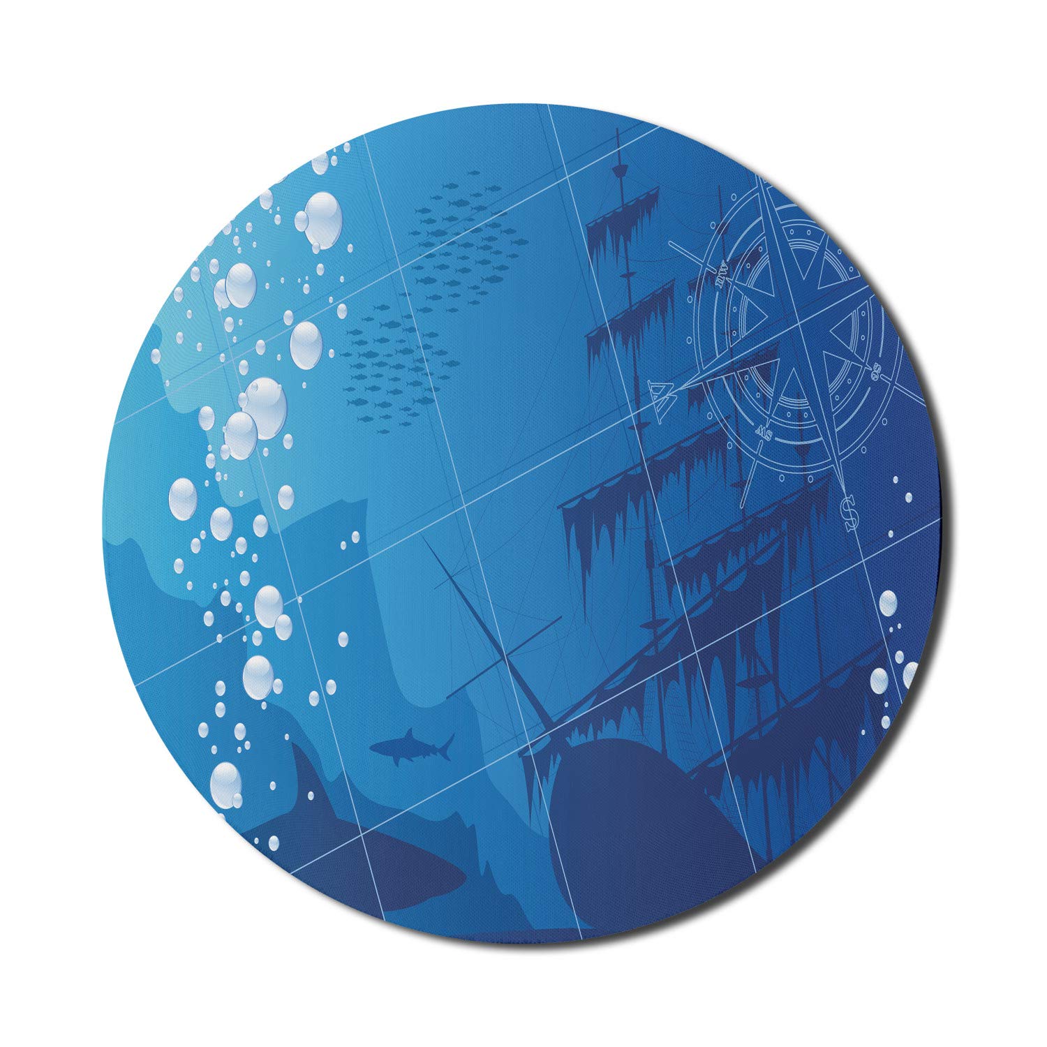 Ambesonne Nautical Themed Computer Mouse Pad - Non-Slip Round Gaming Mousepad with Underwater Sharks, Old Ship Compass & Windrose Design - 8 Inch Blue & White Thick Rubber Base - Perfect for Office, Gaming & Home Computer Setup