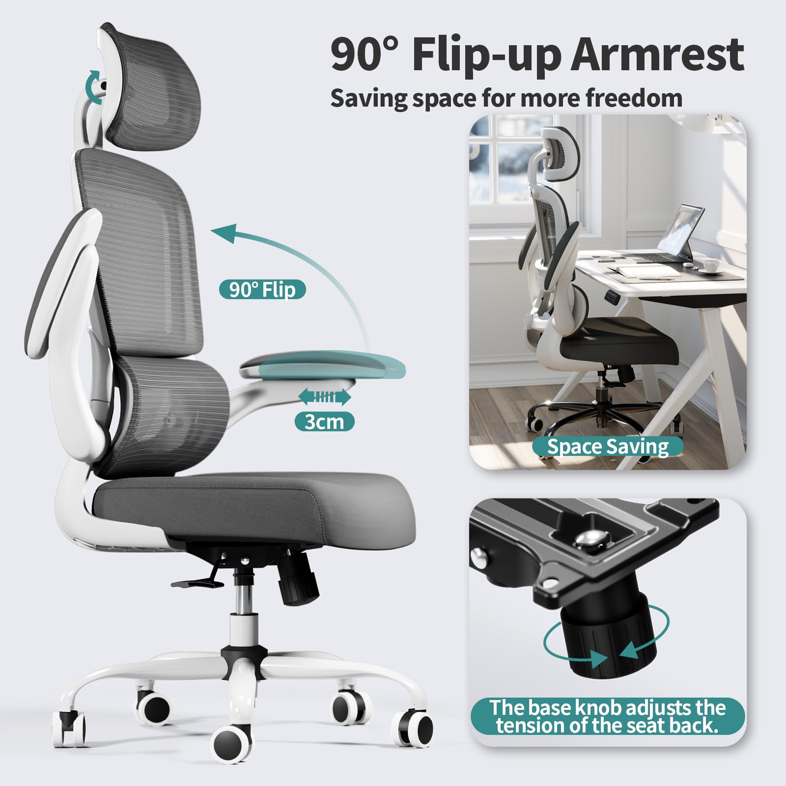 Ergonomic Office Chair with High Back & Mesh - 330 LBS Weight Capacity, Rolling Wheels for Home & Gaming - Comfortable Desk Chair for Long Hours Work (White) - Perfect for Home Office, Gaming Setup & Workspaces