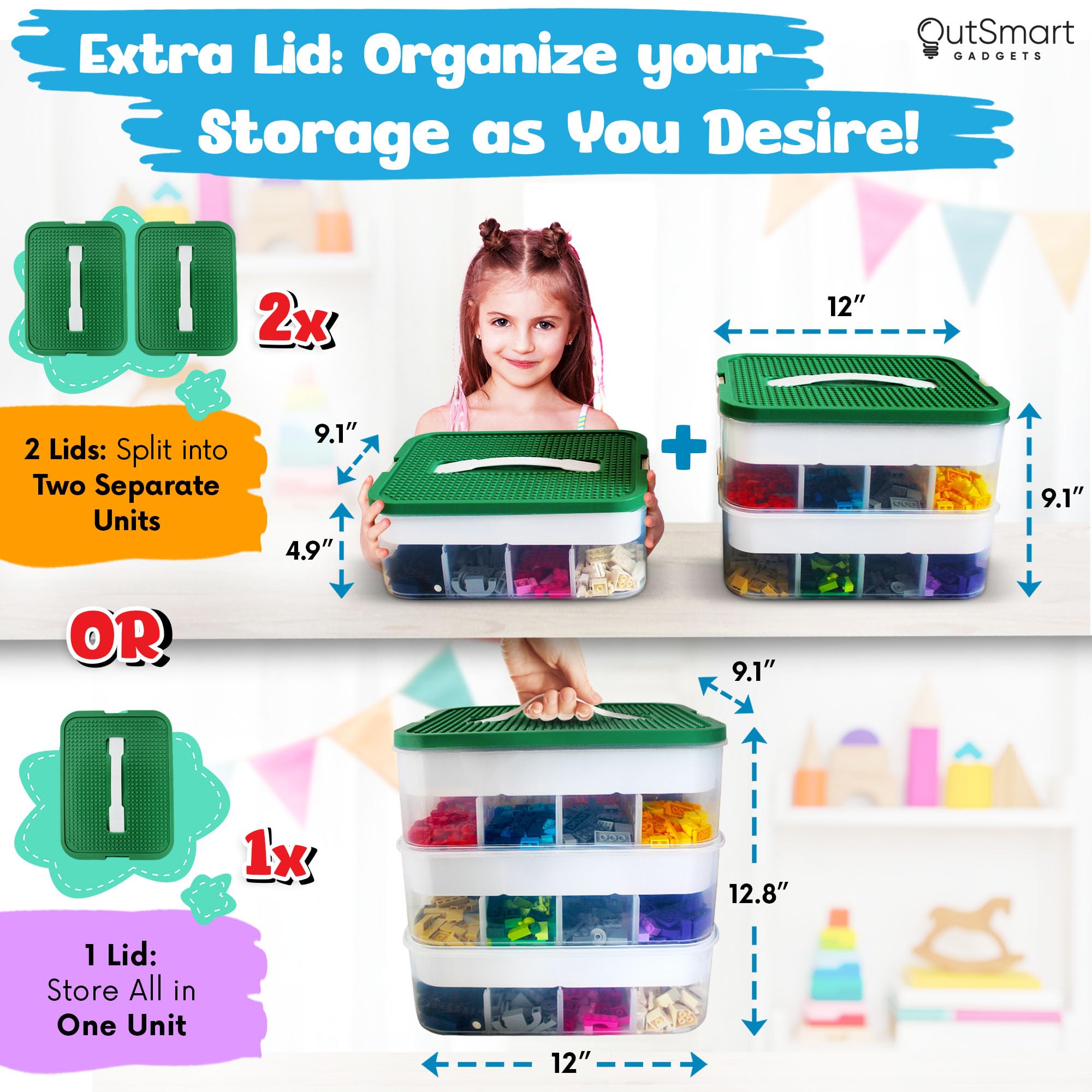 Stackable Plastic Toy Storage Organizer Bin for LEGO, Building Blocks, Dolls & Crafts - 3-Tier Adjustable Compartment Organizer with ABC Stickers & 2 Lids - Perfect for Kids' Room, Playroom & Classroom Organization