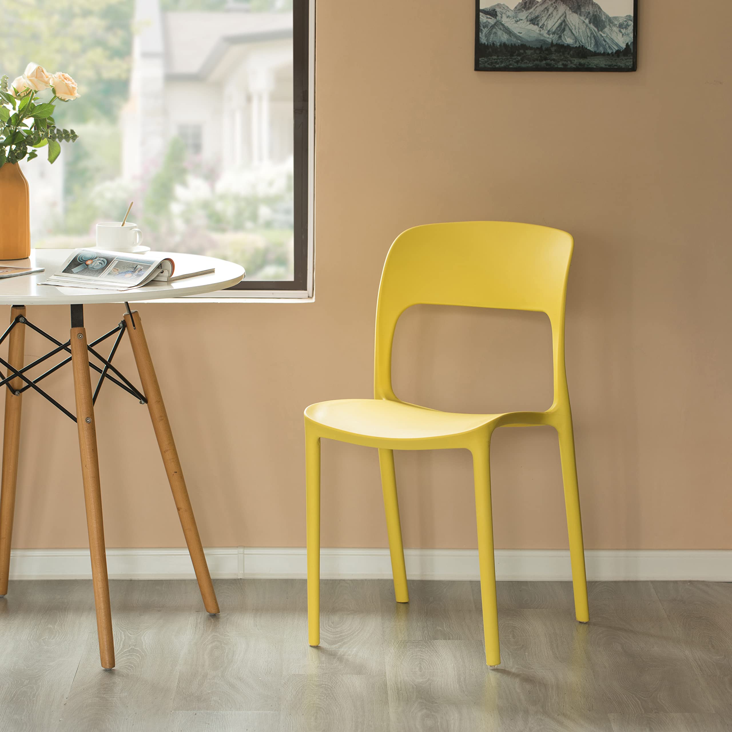 Fabulaxe 4-Piece Yellow Modern Plastic Outdoor Dining Chairs with Open Curved Back - Patio, Garden, Poolside & Backyard Furniture Set for Outdoor Entertaining