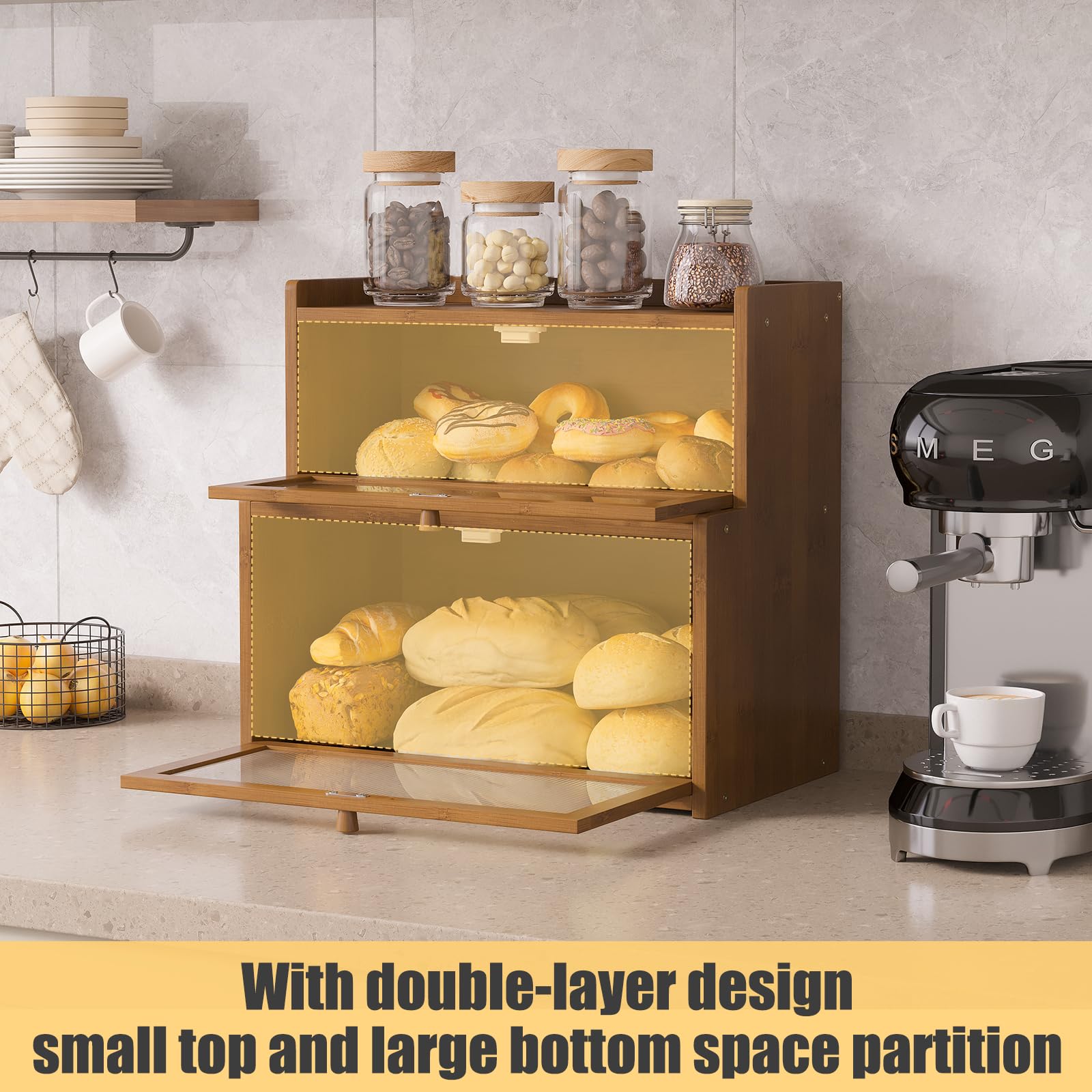Double Layer Bamboo Bread Box with Window - Eco-Friendly Bread Storage Container for Kitchen Counter, Bread Holder, Bread Bin - Perfect for Storing Bread, Pastries, and Baked Goods to Keep Fresh on Countertop or Pantry