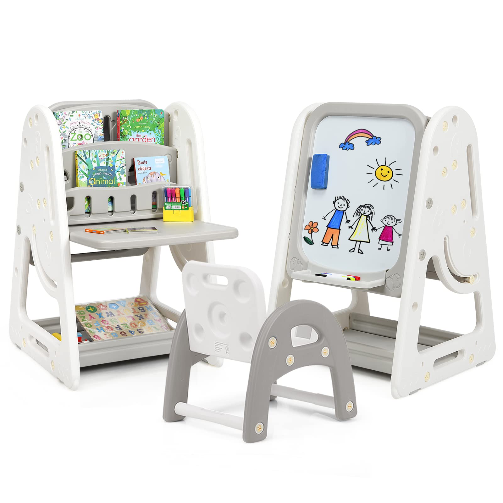 LDAILY 4-in-1 Kids Art Easel Set with Adjustable Magnetic Dry Erase Board, Chair, Markers & Letter Magnets - Double-Sided Standing Drawing Board for Toddlers & Preschoolers - Perfect for Home, Classroom & Creative Play (Grey)